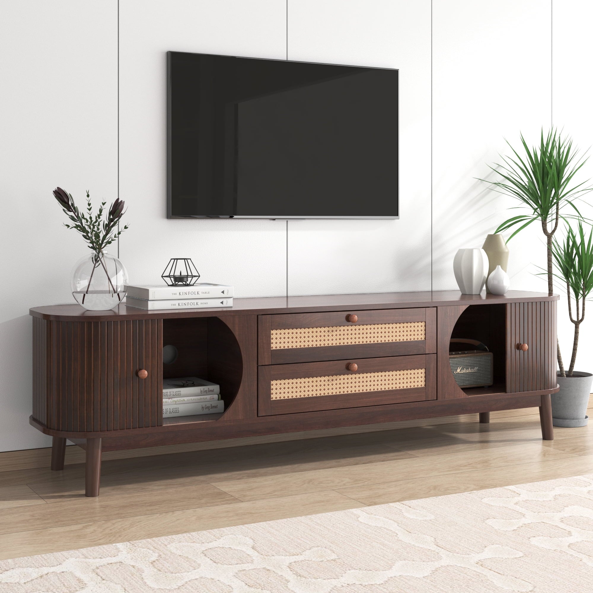 Furnibear Rattan TV Stand for TVs up to 75 inch, Modern Farmhouse Media Console, Entertainment Center with Solid Wood Legs, TV Cabinet for Living Room,Home Theatre