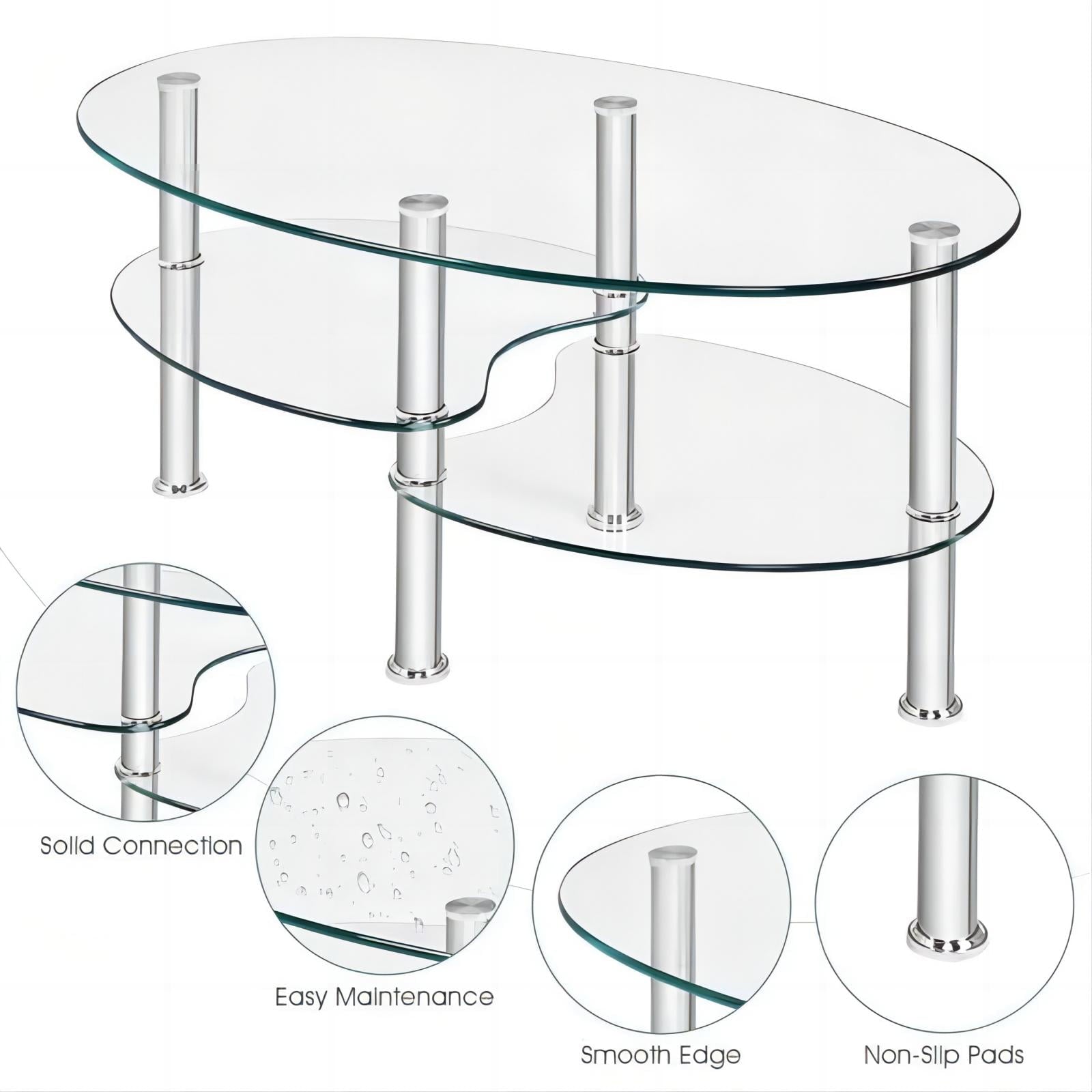 Furnibear Modern Oval Tempered Glass Coffee Table 3-Tier Shelf with Stainless Steel Legs Space-Saving Clear Design for Living Room