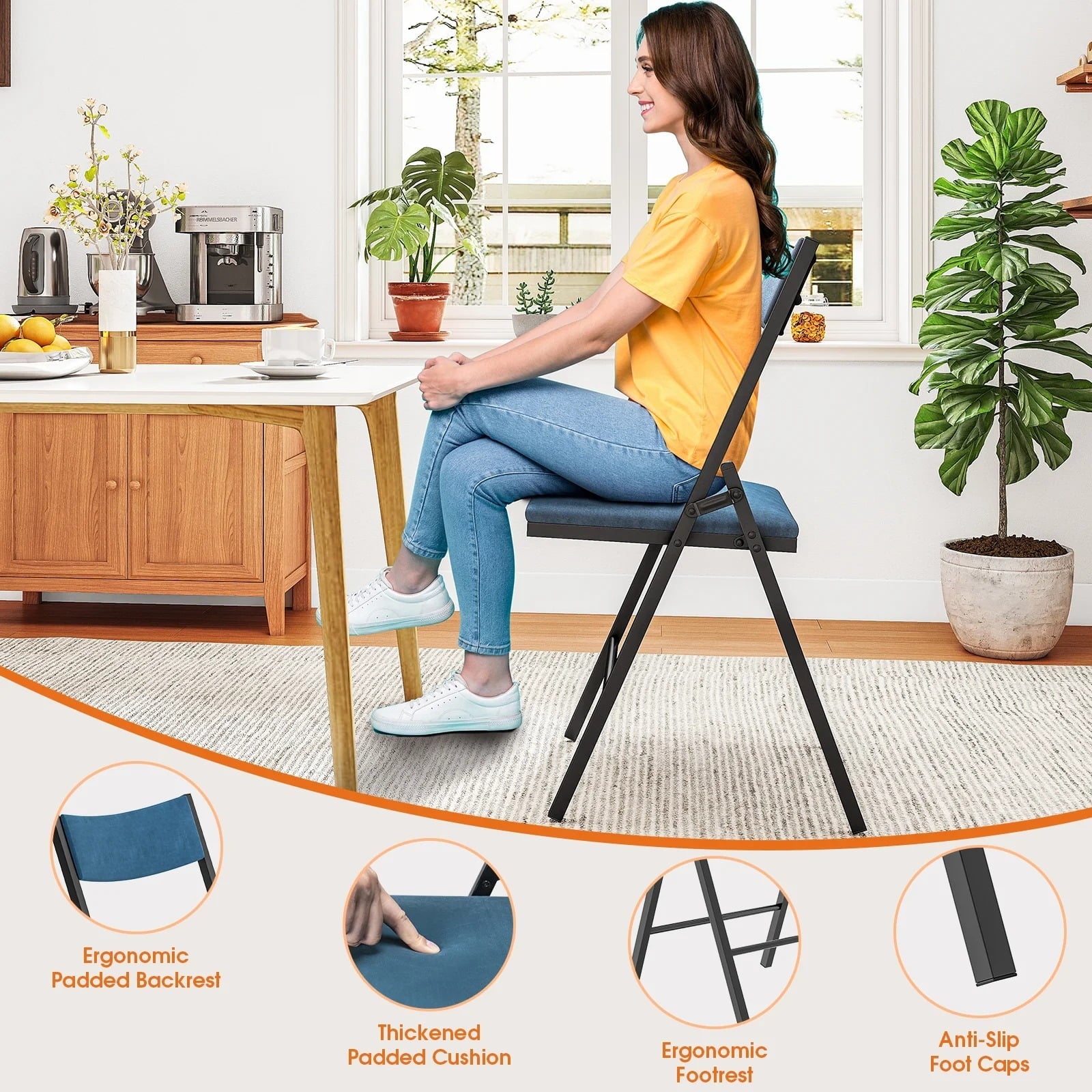 Furnibear 4-Pack Padded Folding Chairs with Metal Frame and Cushioned Seat for Home, Office, Dining, Black