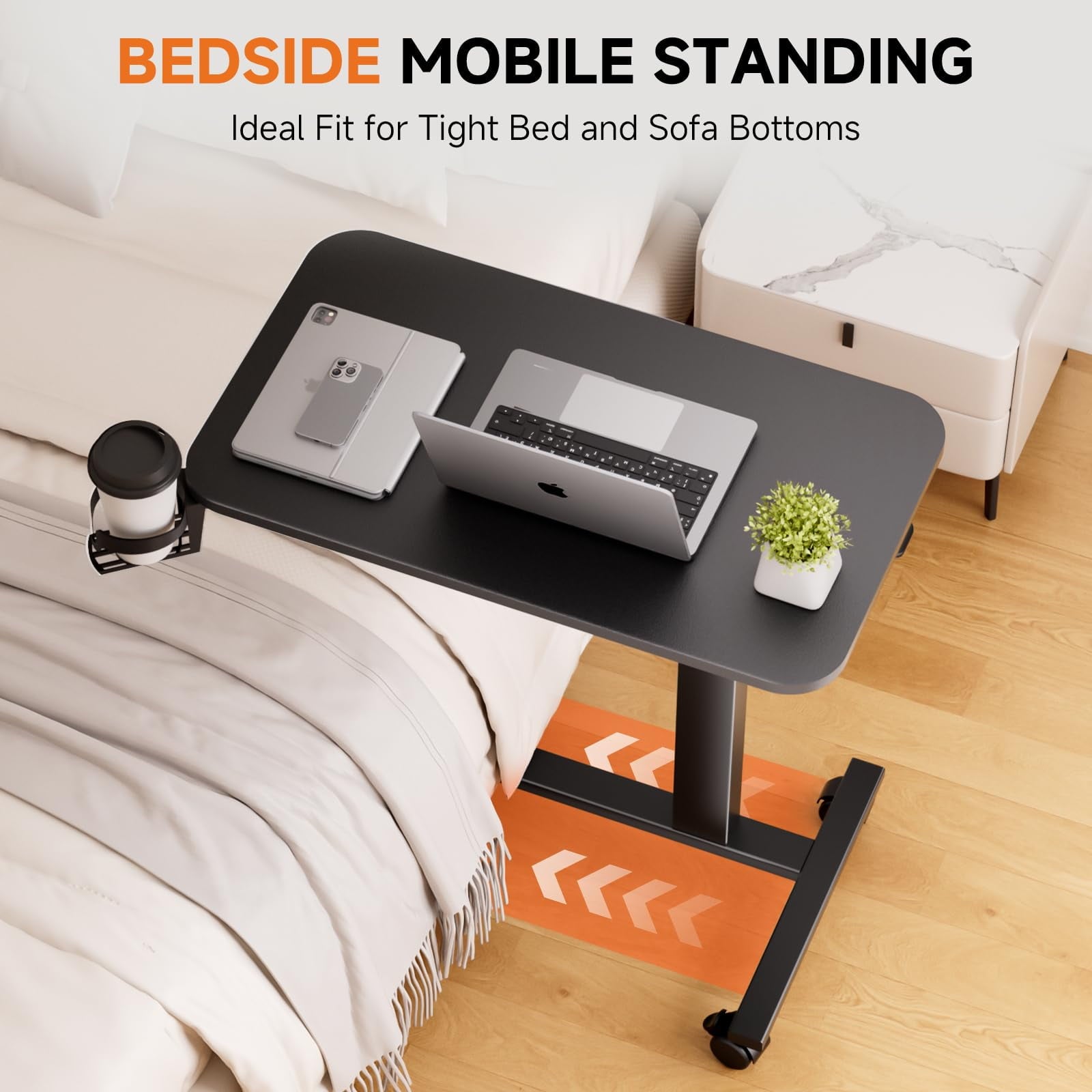 Furnibear Adjustable Rolling Desk with Lockable Wheels, Portable Bed Side Table Standing Laptop Desk Black