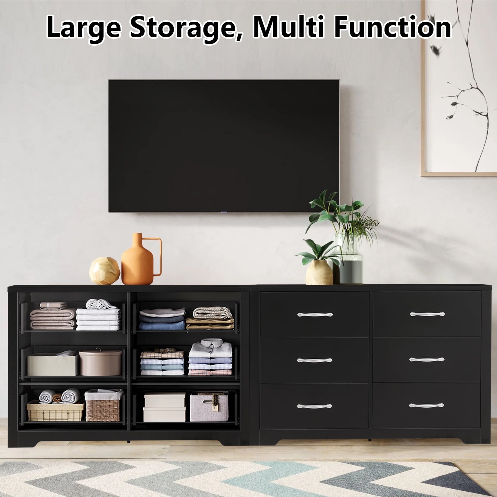 Furnibear Dresser with 6 Drawers Large Wooden Dresser Horizontal Storage Organizer for Bedroom