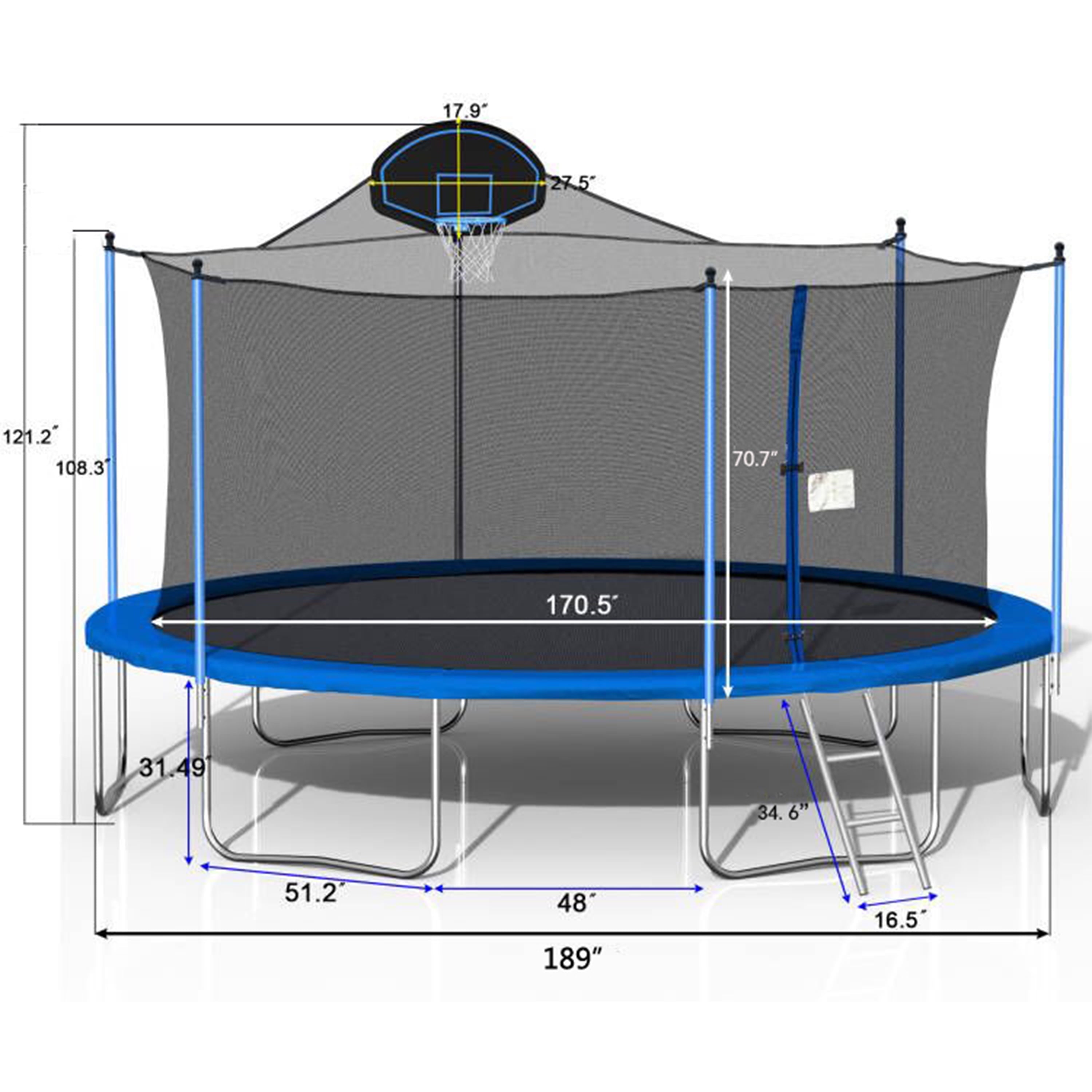 Furnibear 1500 LBS 16 FT Trampoline for Kids and Adults, Heavy-Duty Recreational Outdoor Trampoline with Basketball Hoop and Safety Enclosure Net