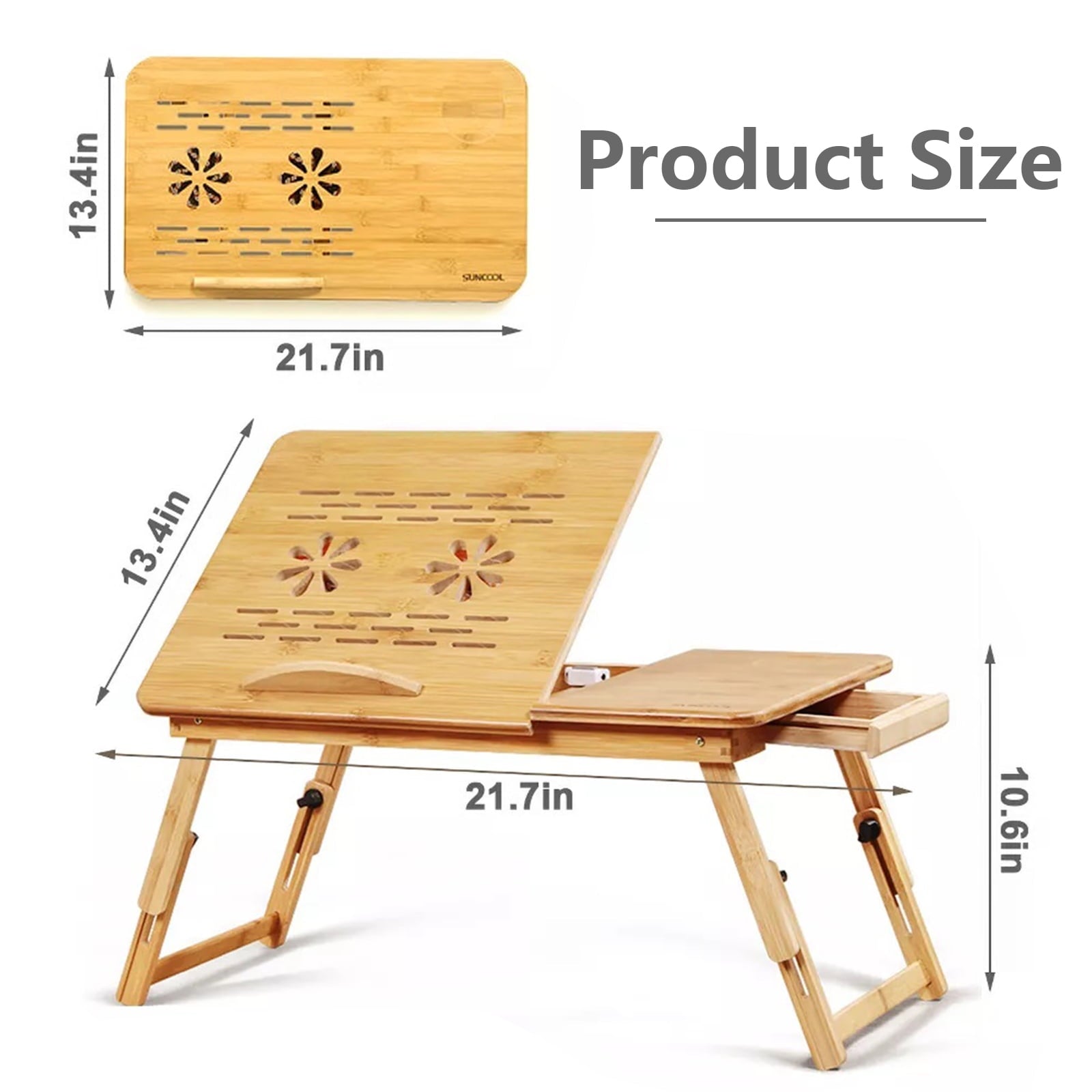 Furnibear Adjustable Height/Angle Bamboo Bed Tray Laptop Desk - Folding for Space-Saving, Built-in Drawer for Small Items Storage