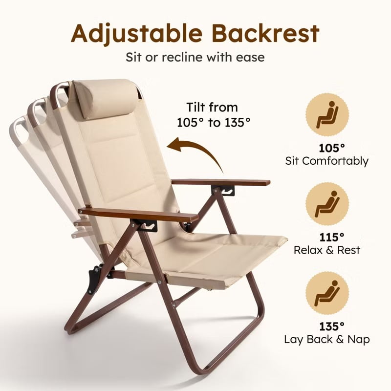 Furnibear Folding Lounge Chair 3-Position Adjustable Recline Camping Chair with Wood-Grain Armrests