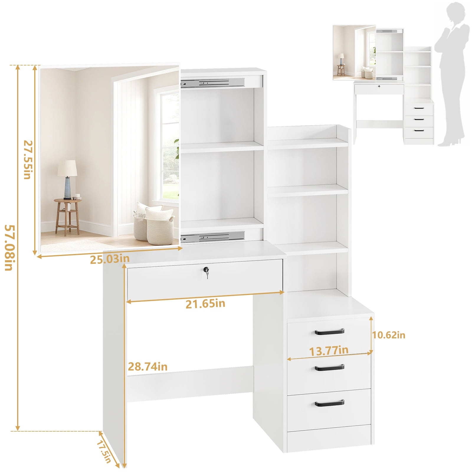 Furnibear 4 Drawer Vanity Table with Sliding Mirror for Bedroom Vanity Desk with 4 Drawers,White