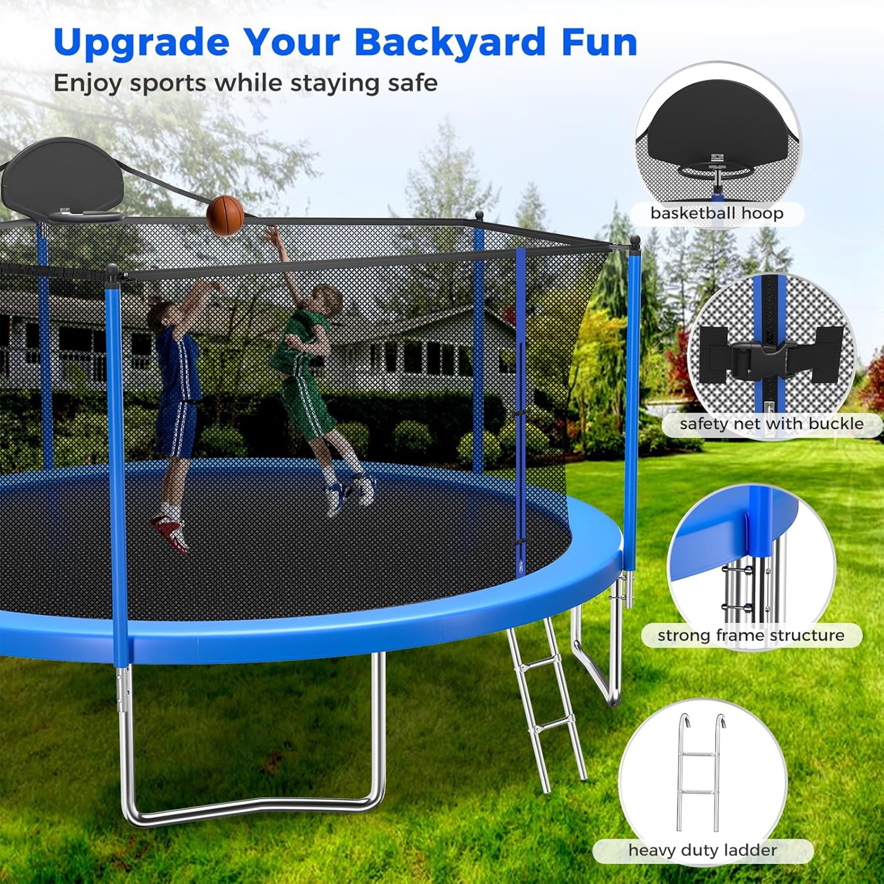 Furnibear 1000 LBS 12 FT Trampoline for Kids and Adults, Heavy-Duty Recreational Outdoor Trampoline with Basketball Hoop and Safety Enclosure Net