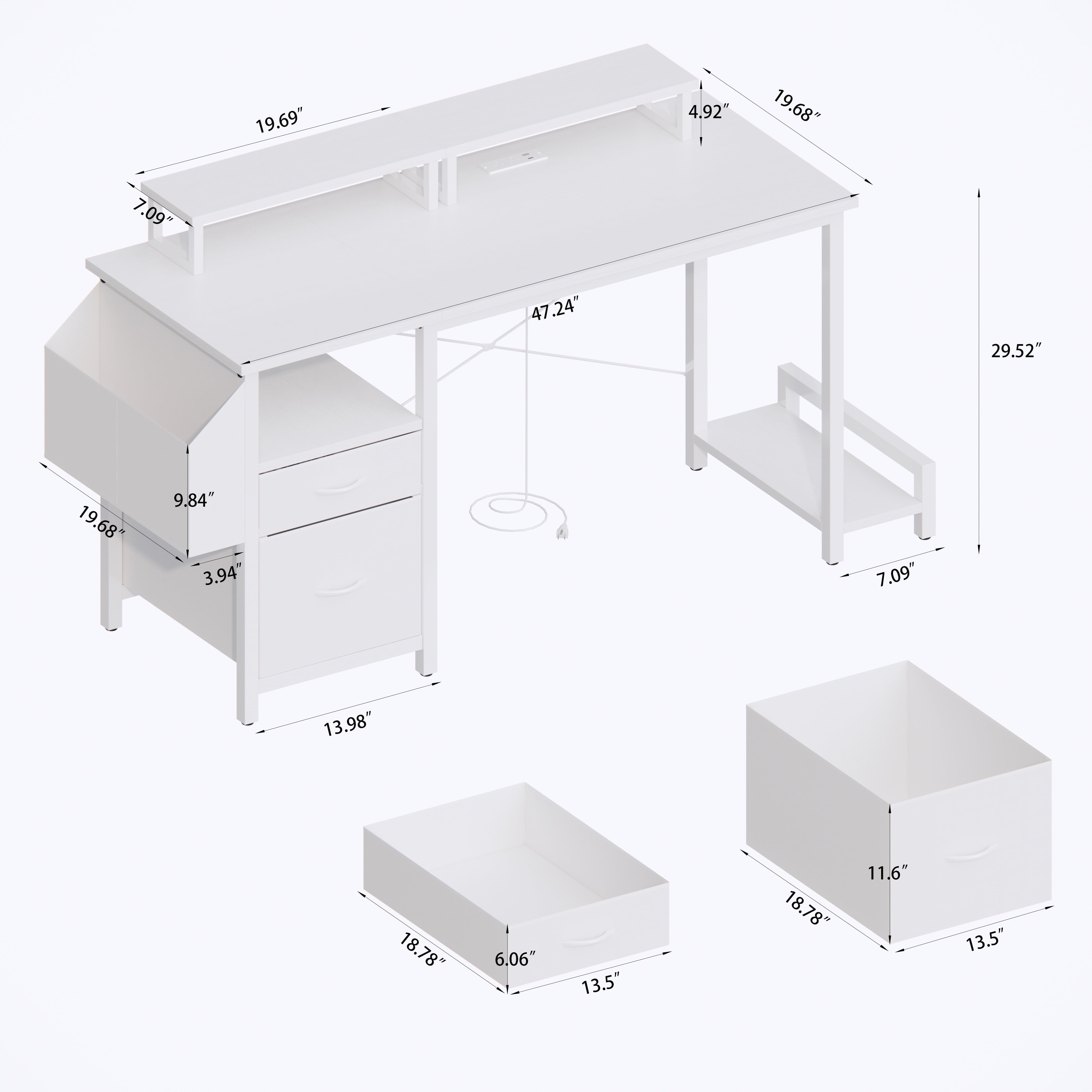 Furnibear Computer Desk with Drawer and Power Outlets, 47in Office Desk with 2 Monitor Stands and Fabric File Cabinet for Home Office, Small Space