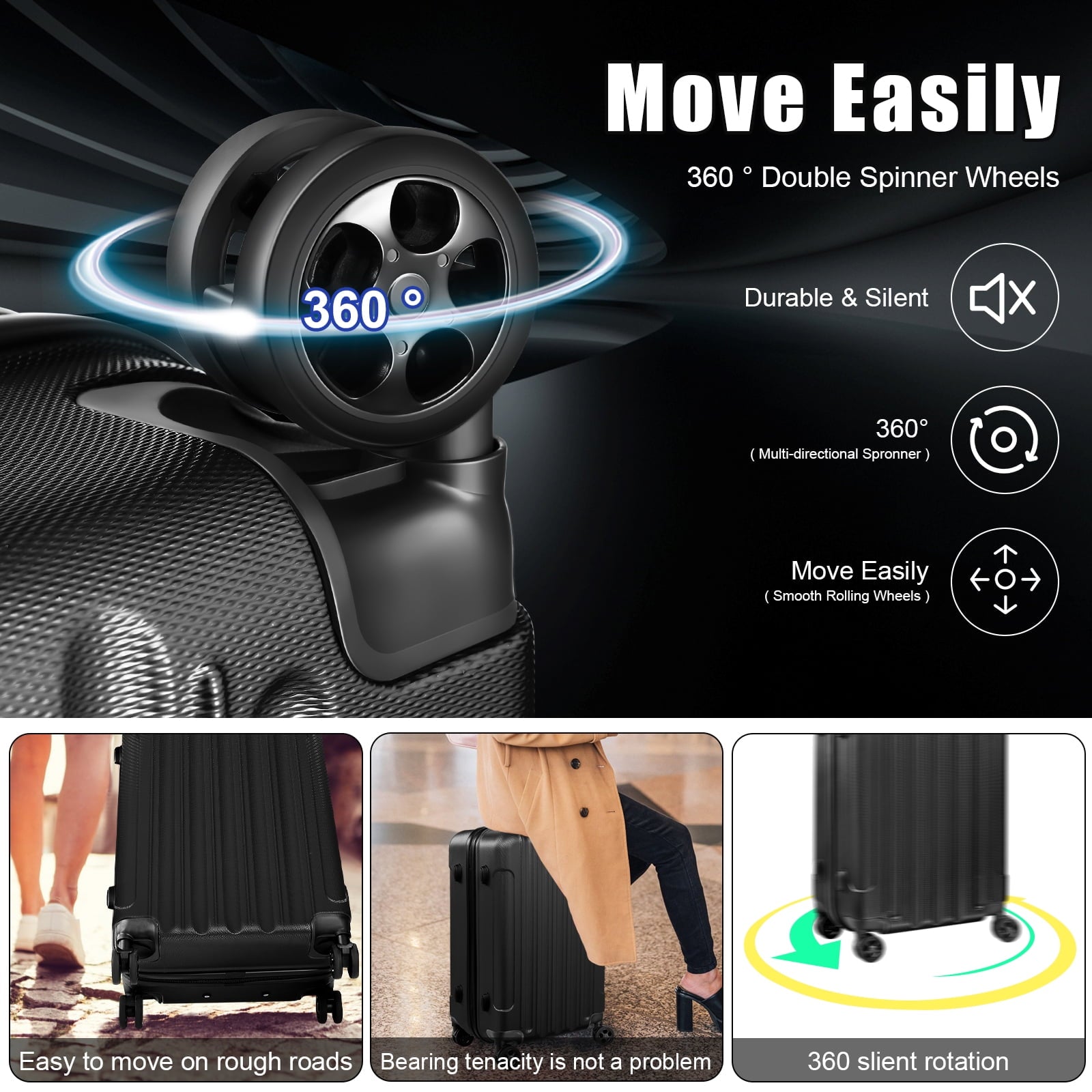 Furnibear 4-Piece PP Hardshell Luggage Set (20/24/28 Inch + Carry-On) - Spinner Smooth Wheels + TSA Lock,Black