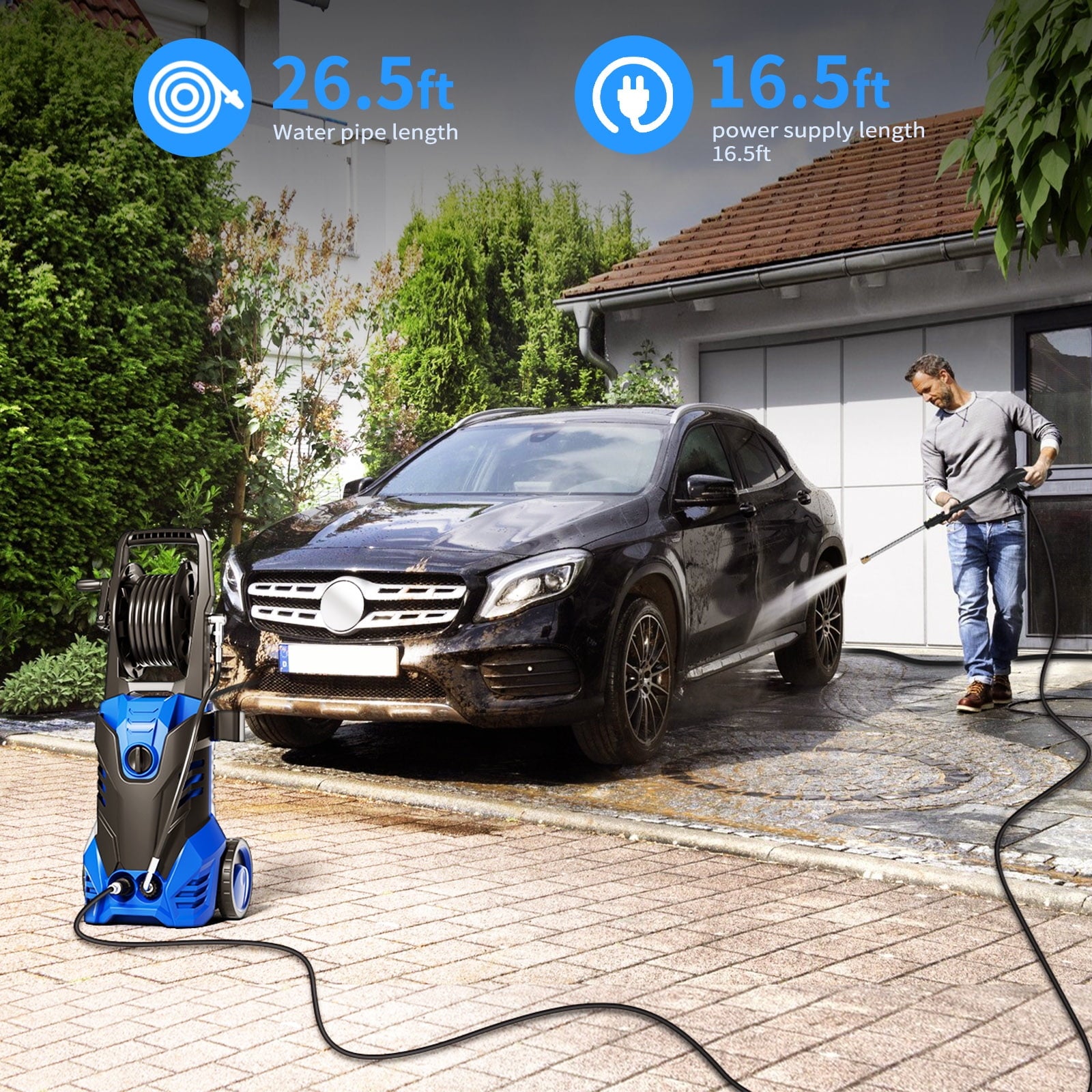 Furnibear 3800 PSI Electric Pressure Washer - Lightweight with Wheels, Easy to Assemble, 2.0GPM, Includes 5 Nozzles for Cars, Fences, Driveways,Blue