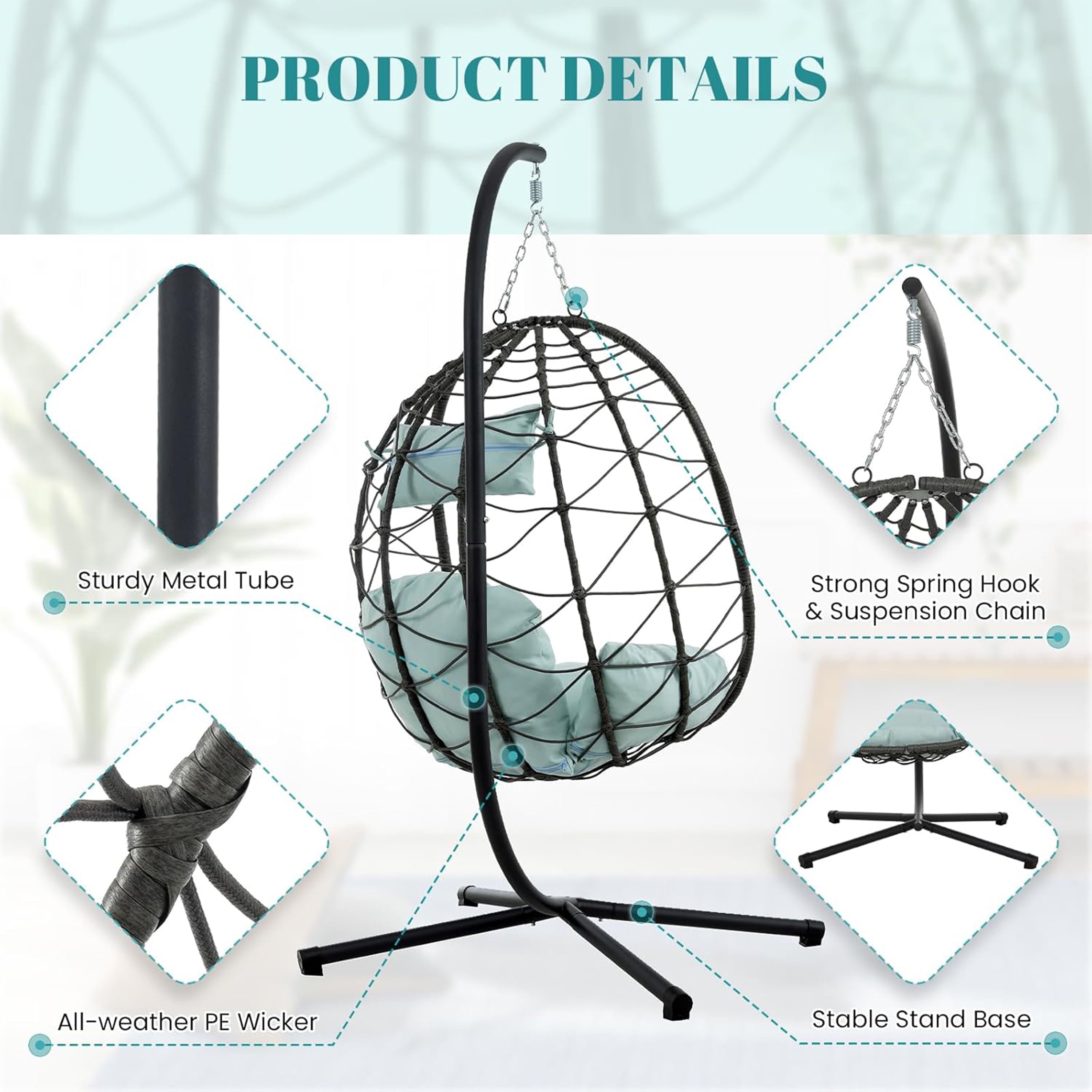 Furnibear Egg Chair with Stand,Patio Rattan Wicker Hanging Swing Egg Chair Hammock Chair for Bedroom Porch Garden,Thickened Aluminum Alloy Steel Frame