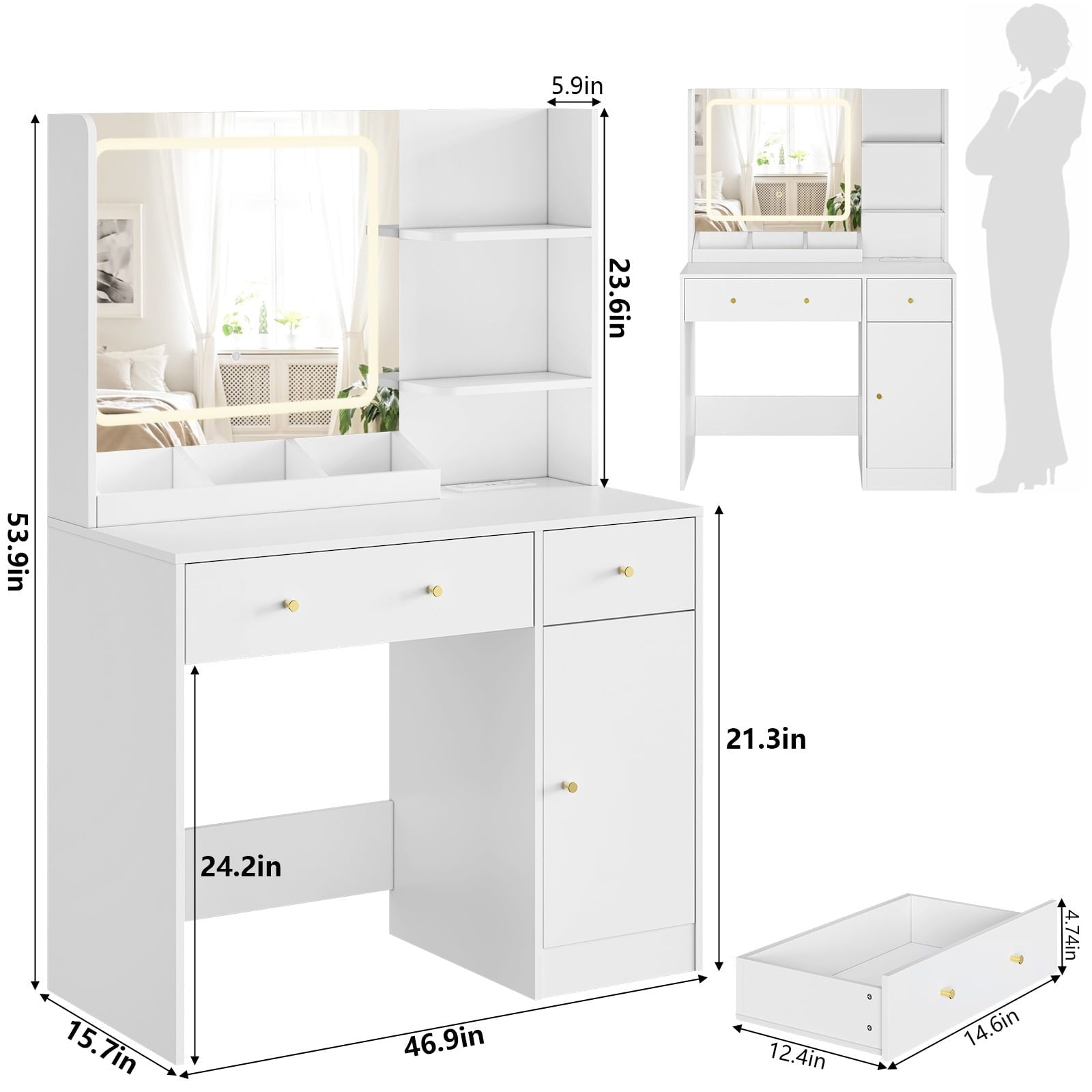 Furnibear Vanity Desk with Mirror, LED Lights and Power Outlet Makeup Vanity Table Dressing Table for Bedroom Dressing Room,White