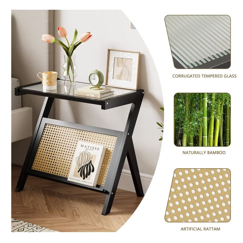 Furnibear Rattan Side Table Bamboo Accent Bedside Table with Tempered Glass Top, Black