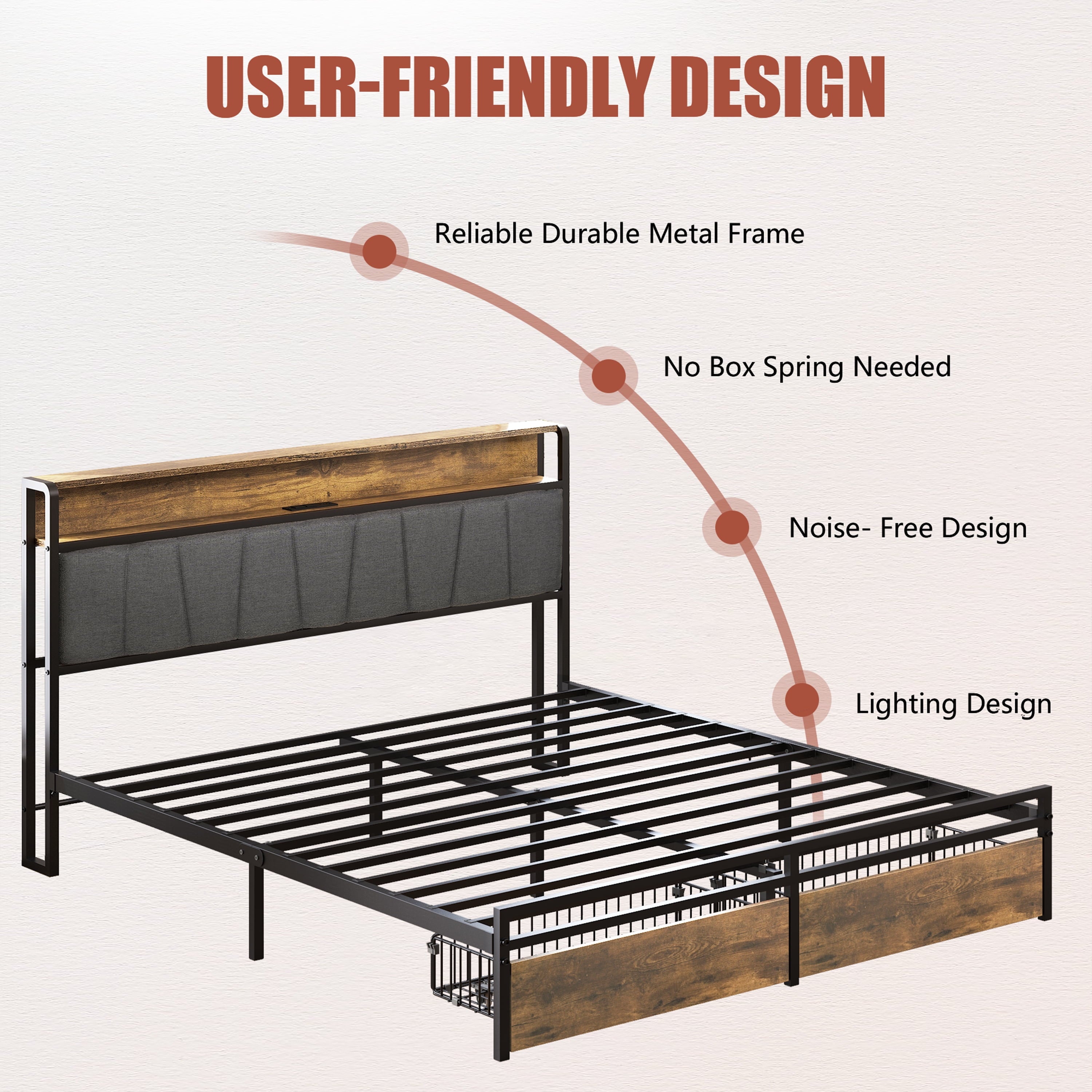 Furnibear Queen Bed Frame with Upholstered Storage Headboard and Drawers, LED Platform Bed with Charging Station, No Box Spring Needed