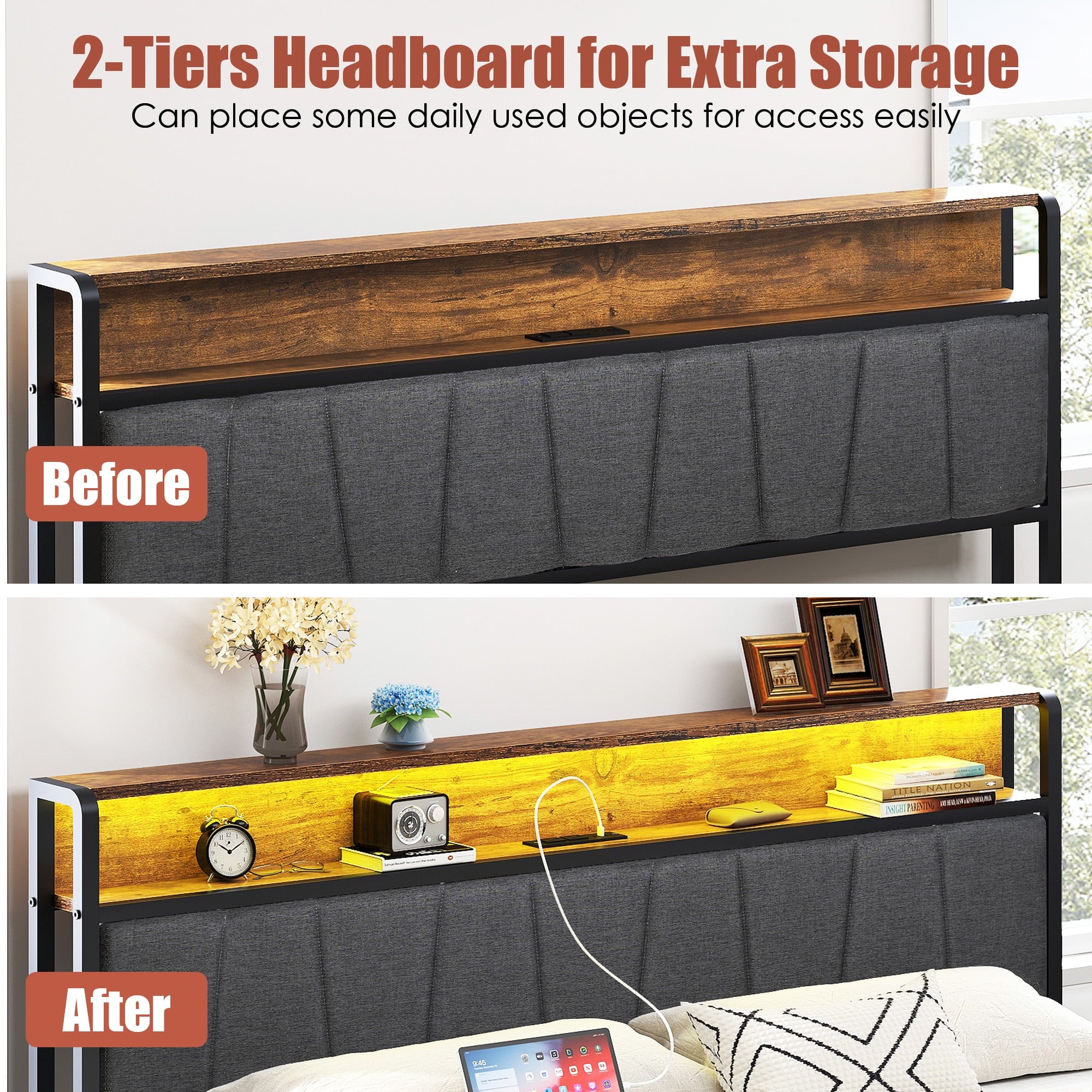 Furnibear Queen Bed Frame with Upholstered Storage Headboard and Drawers, LED Platform Bed with Charging Station, No Box Spring Needed
