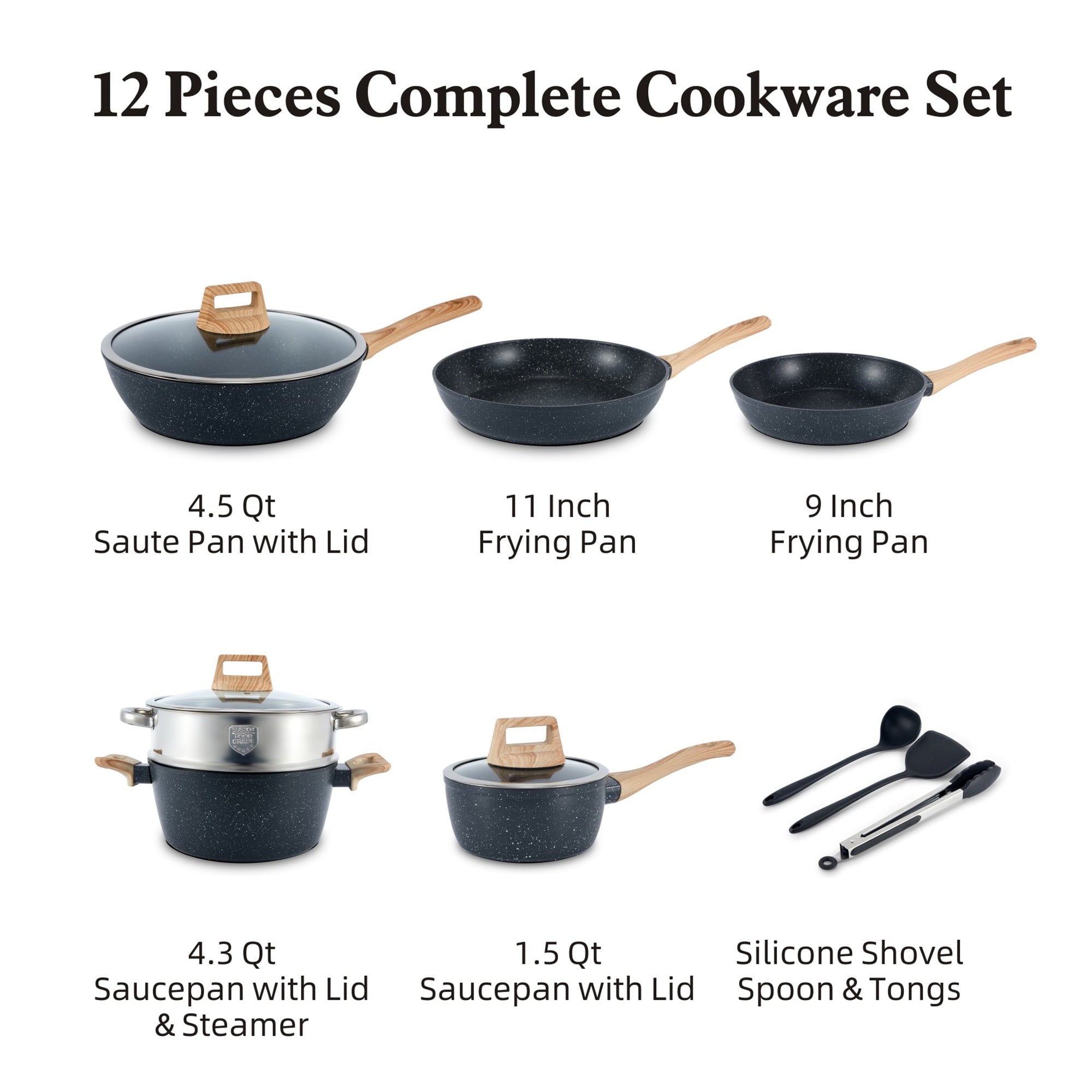 Furnibear?12-Piece Ceramic Nonstick Cookware Set - Granite Coated Frying Pans / Stock Pots, with Silicone Shovel/Spoon/Tongs, Compatible with All Stoves, Easy to Clean