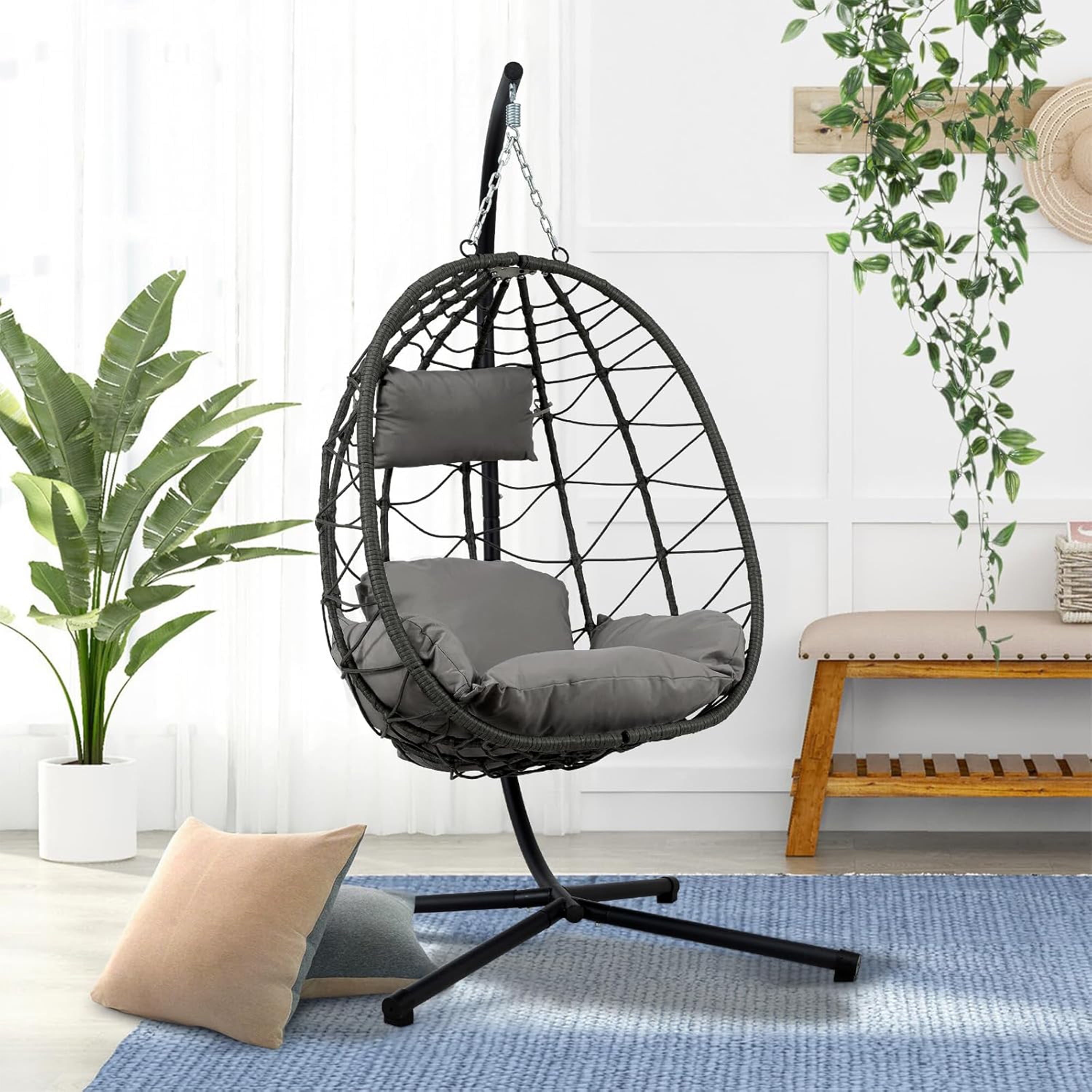 Furnibear Egg Chair with Stand,Patio Rattan Wicker Hanging Swing Egg Chair Hammock Chair for Bedroom Porch Garden,Thickened Aluminum Alloy Steel Frame