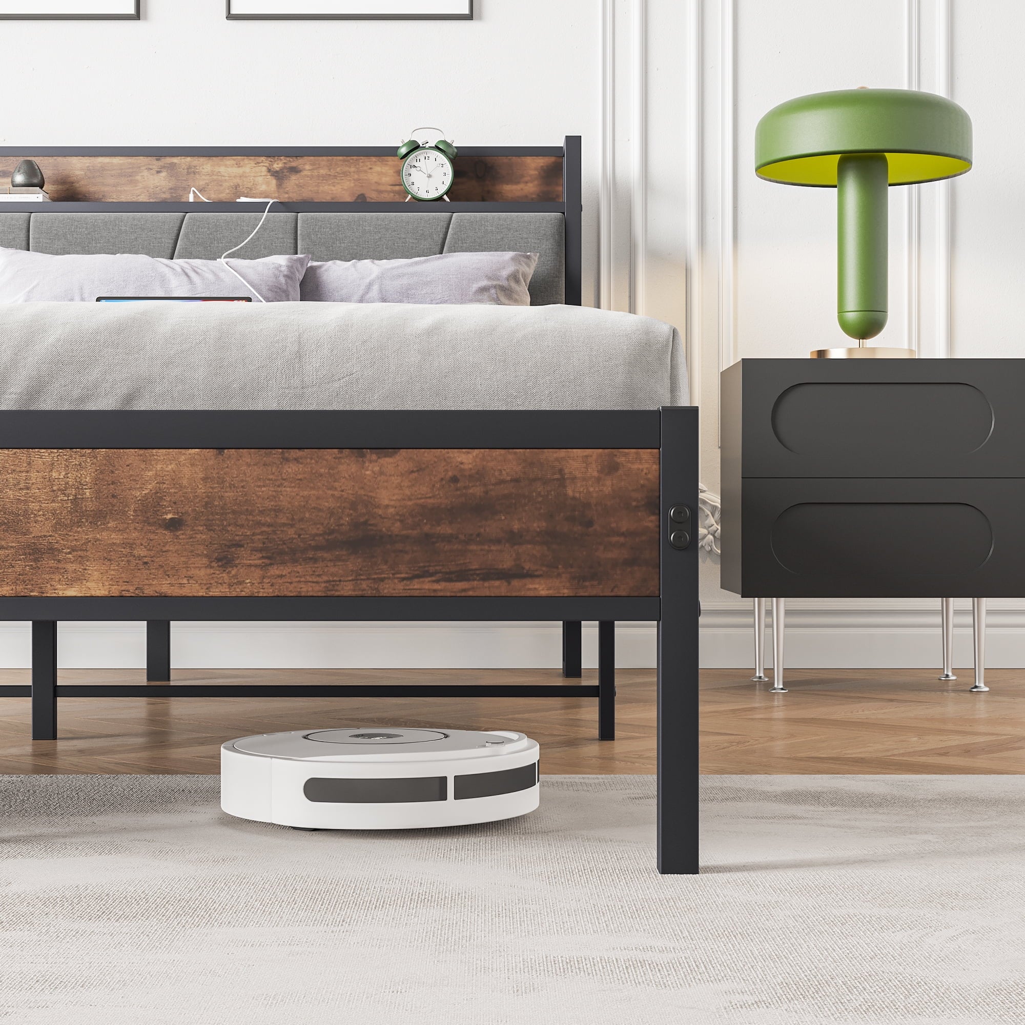 Furnibear Queen SIZE Bed Frame with Storage Headboard and USB Charging Station, Sturdy Shake-Free Platform, No Box Spring Needed, Easy Tool-Free Assembly