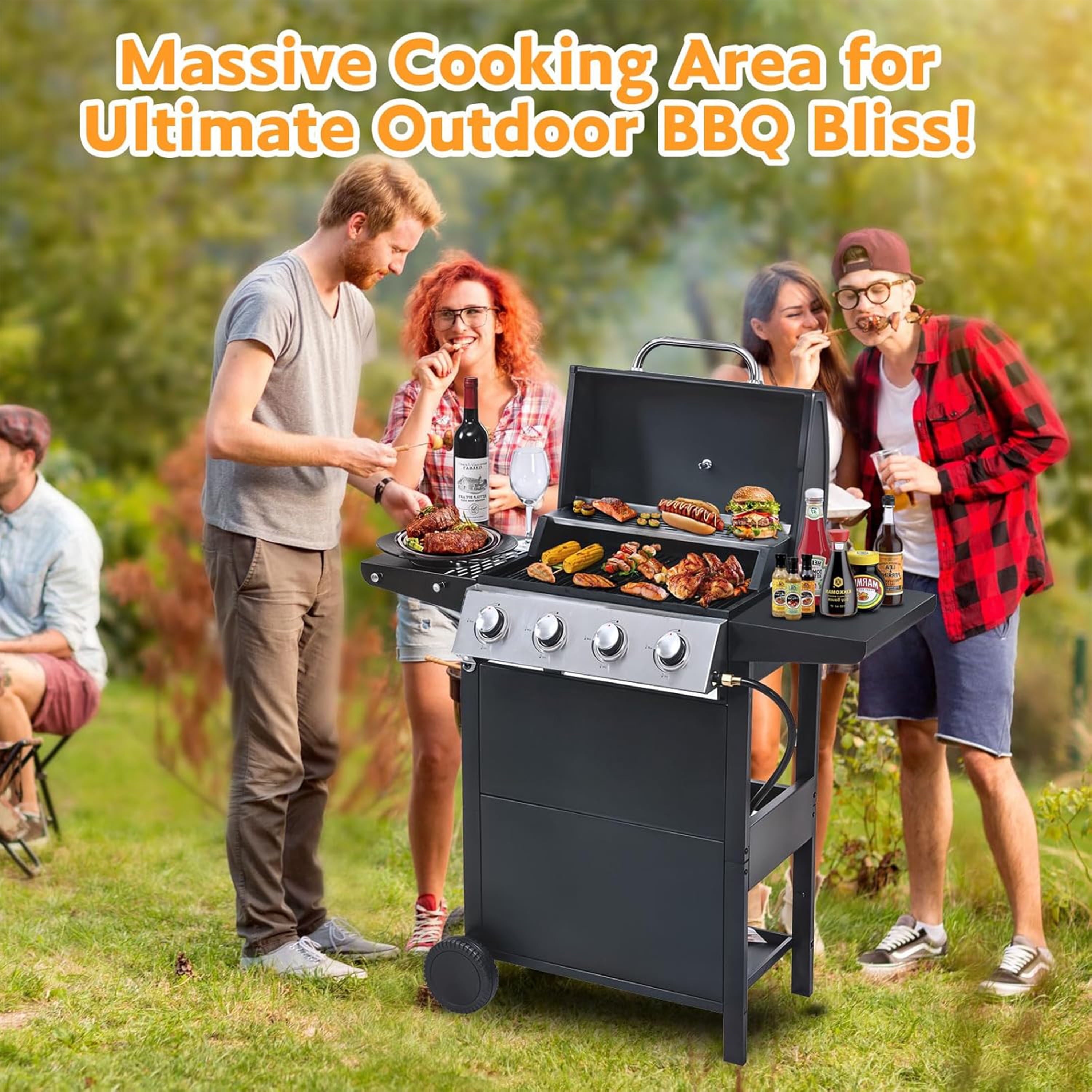 Furnibear 4 Burner BBQ Propane Gas Grill, Stainless Steel 34,000 BTU Patio Garden Barbecue Grill with Two Foldable Shelves