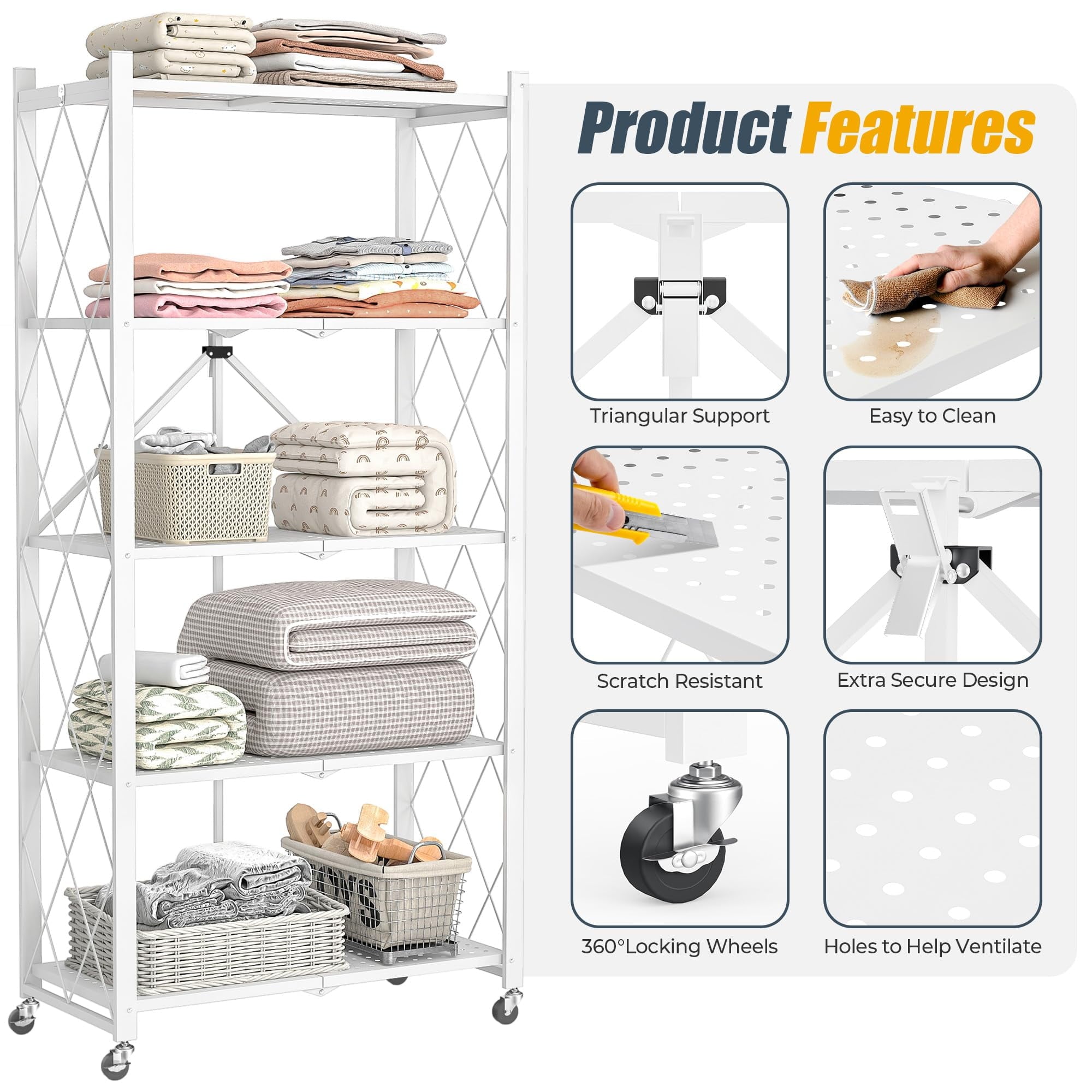 Furnibear 5-Tier Folding Storage Shelves with Wheels, Foldable Metal Rack, Collapsible Shelves for Garage, Kitchen, Basement, White
