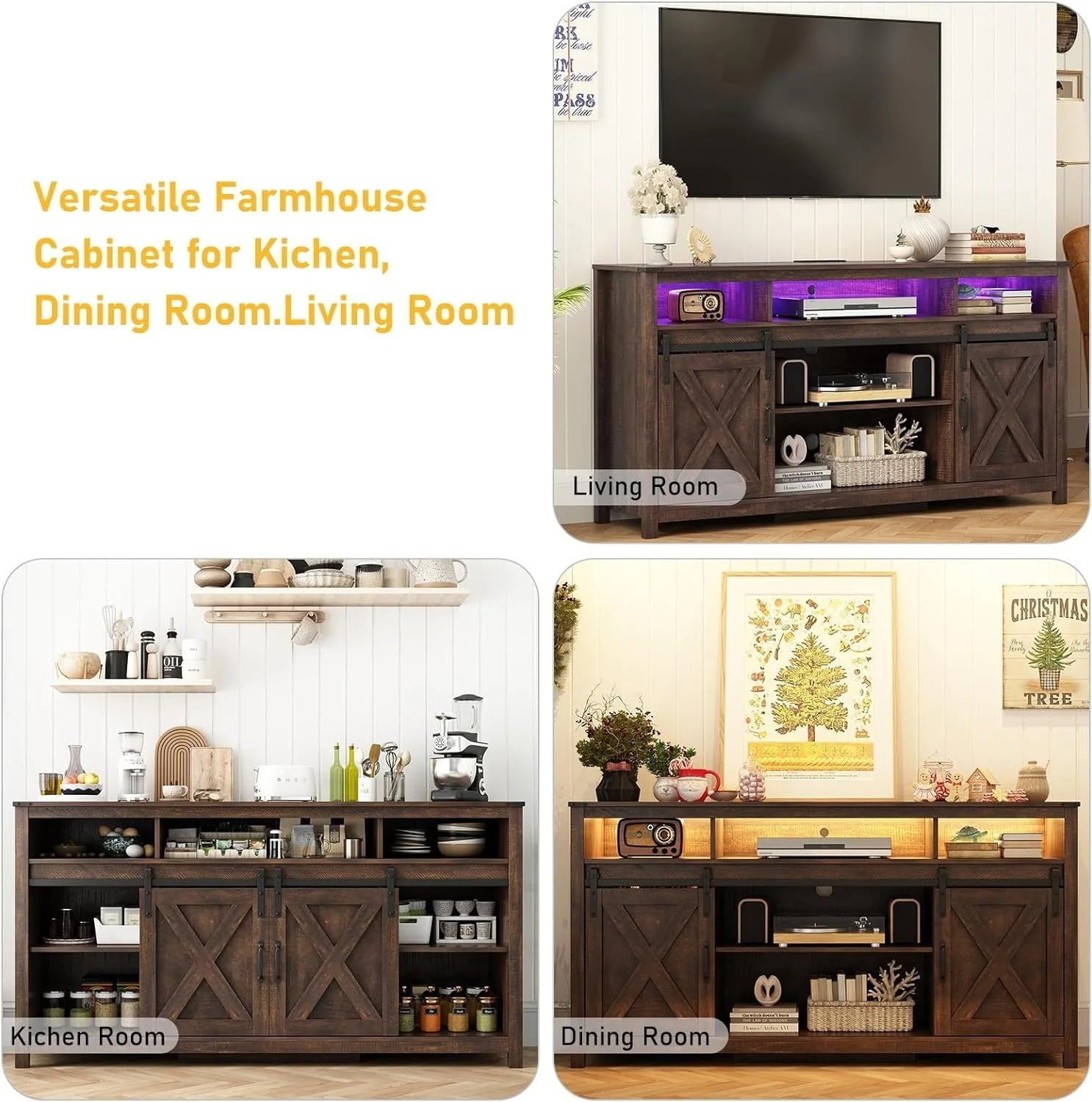 Furnibear 62 inch Farmhouse TV Stand up to 75in TVs and 23in Electric Fireplace, 2 Doors Wood Cabinet with Storage Shelves,Dark Brown