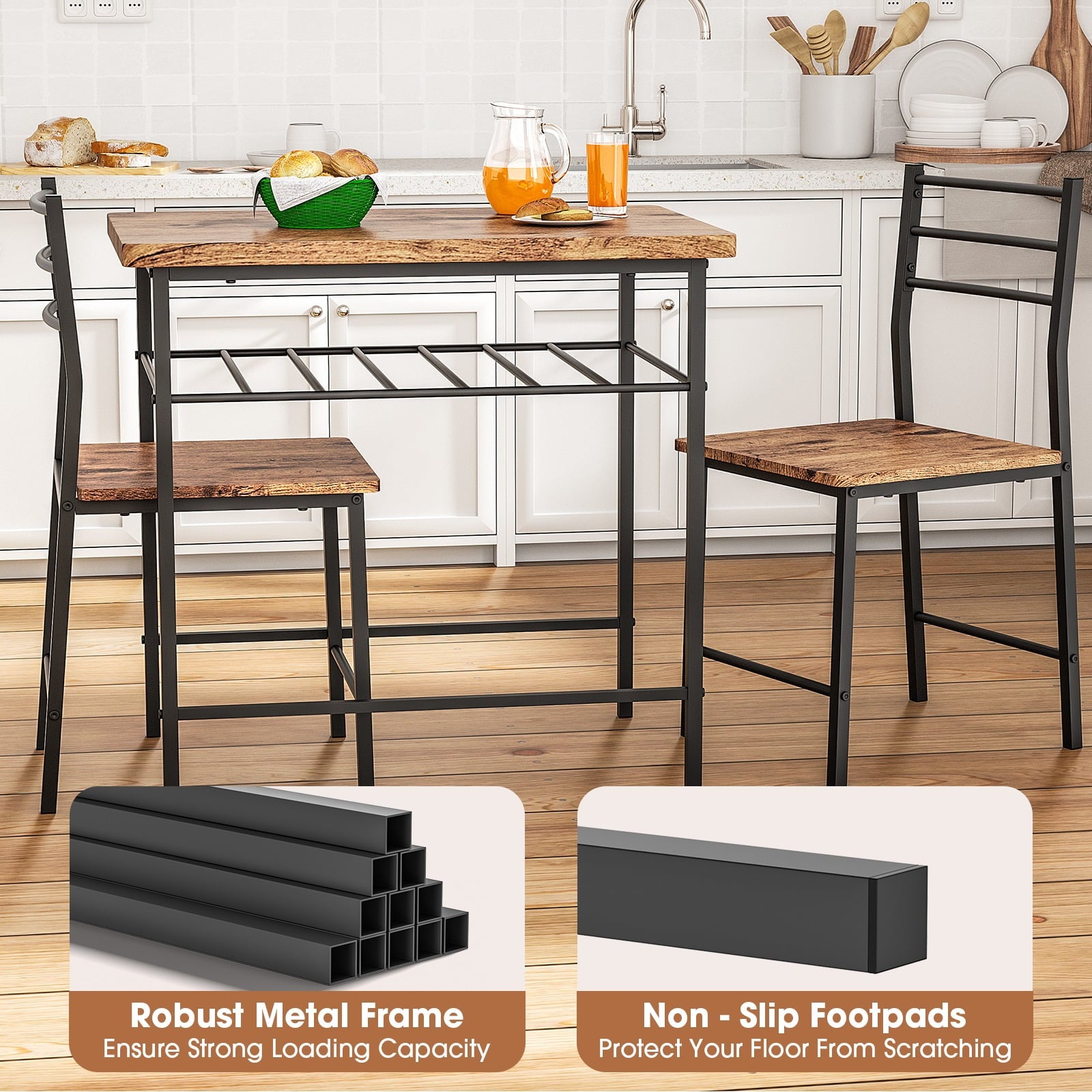 Furnibear 3-Piece Dining Table Set with 2 Chairs, Space Saving Kitchen Breakfast Nook Wood Grain Tabletop for Kitchen, Dining Room,Brown