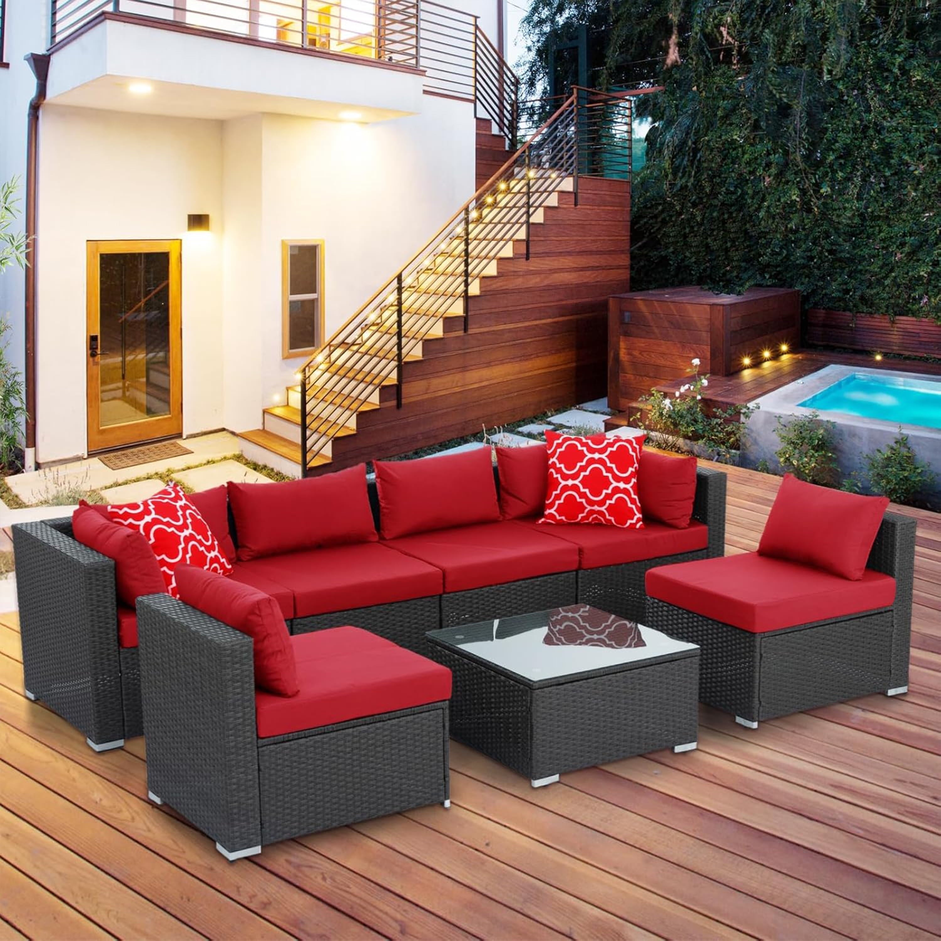 Furnibear 7 Pieces Outdoor Patio Sectional Sofa Couch, Black Wicker Patio Furniture Conversation Sets with Washable Cushions and Glass Coffee Table for Garden, Poolside, Backyard