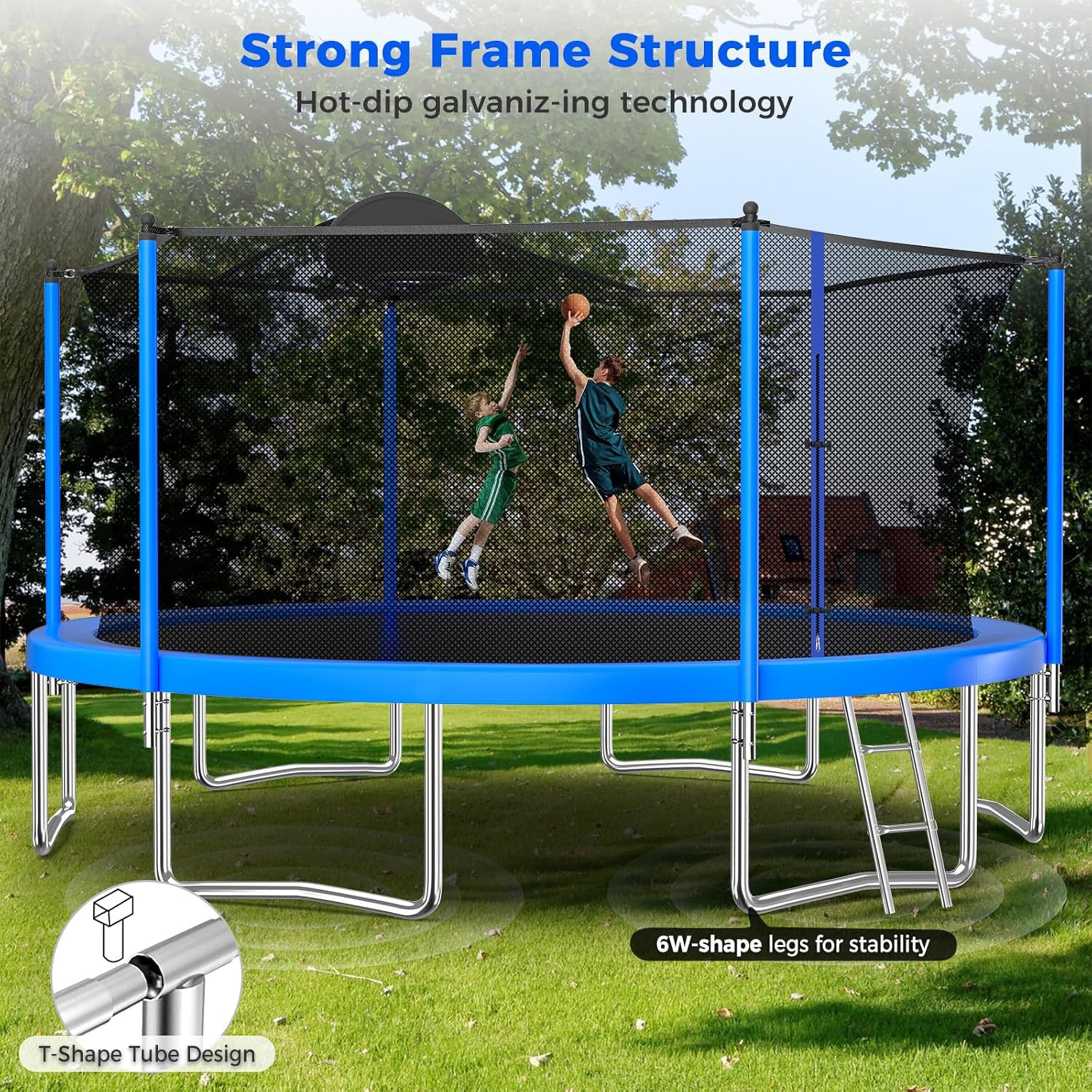 Furnibear 1300 LBS 14 FT Trampoline for Kids and Adults, Heavy-Duty Recreational Outdoor Trampoline with Basketball Hoop and Safety Enclosure Net