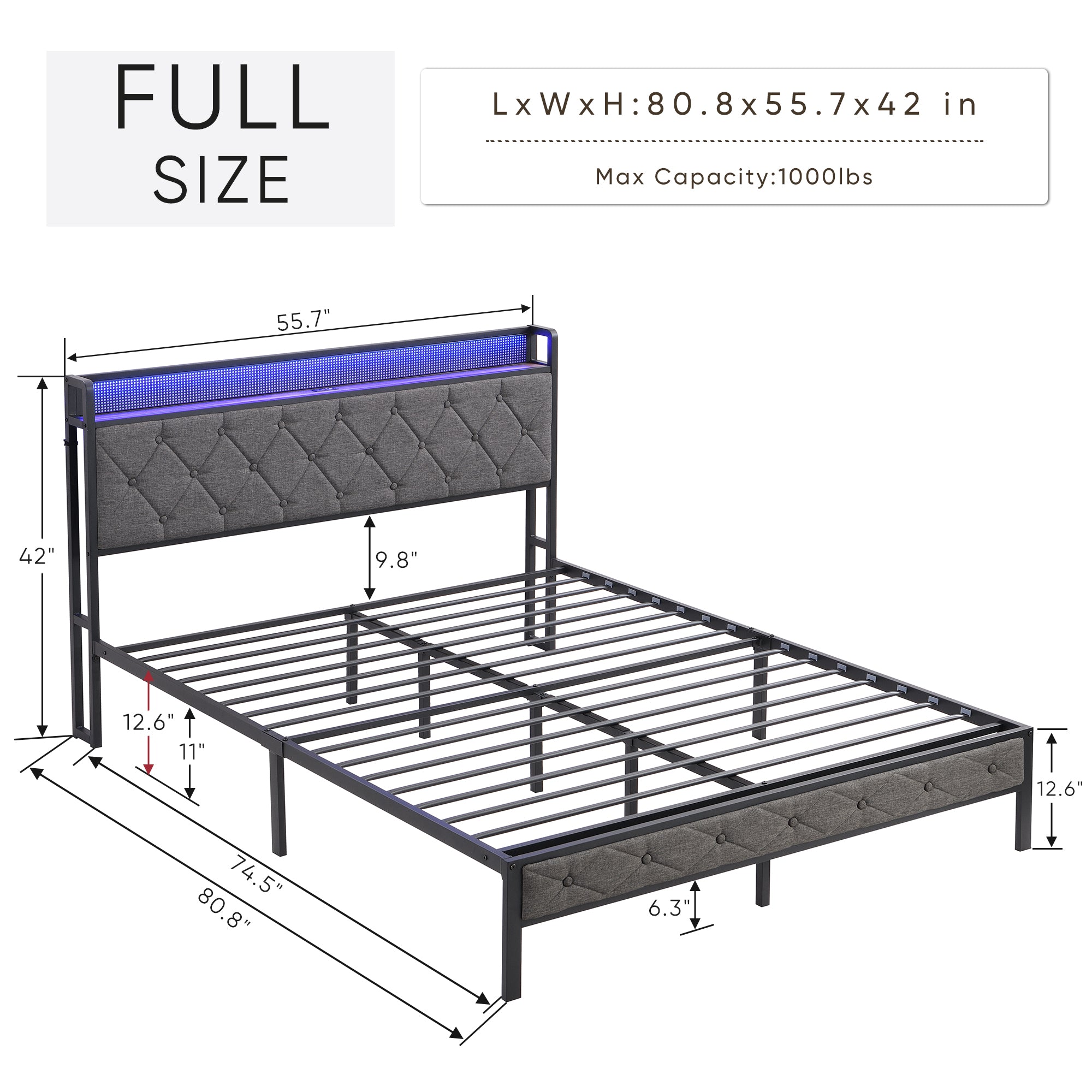 Furnibear Full Bed Frame with RGB LED Lights, Charging Station And Storage Headboard Reinforced PlatformEasy Assembly, Dark Gray