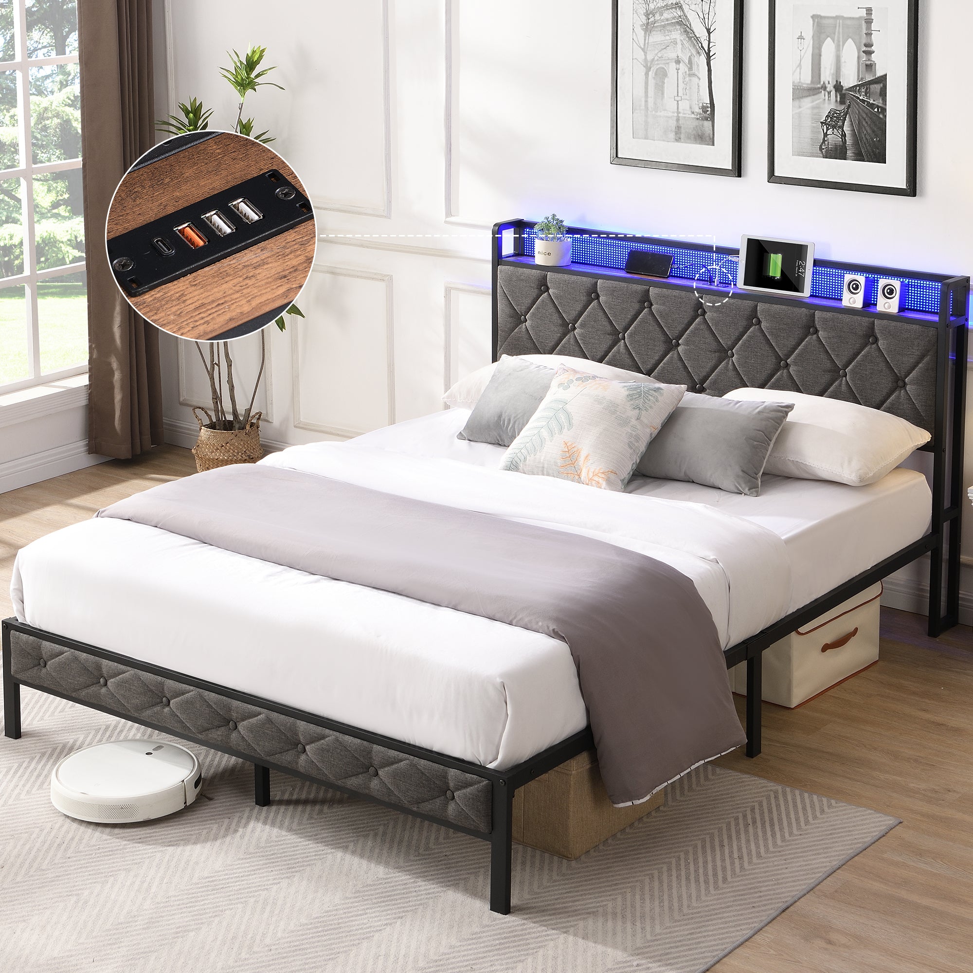 Furnibear Full Bed Frame with RGB LED Lights, Charging Station And Storage Headboard Reinforced PlatformEasy Assembly, Dark Gray