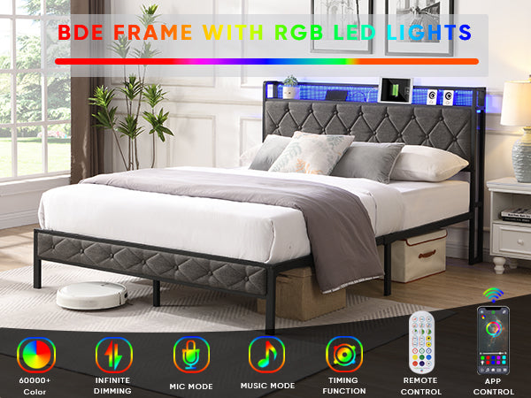 Furnibear Full Bed Frame with RGB LED Lights, Charging Station And Storage Headboard Reinforced PlatformEasy Assembly, Dark Gray