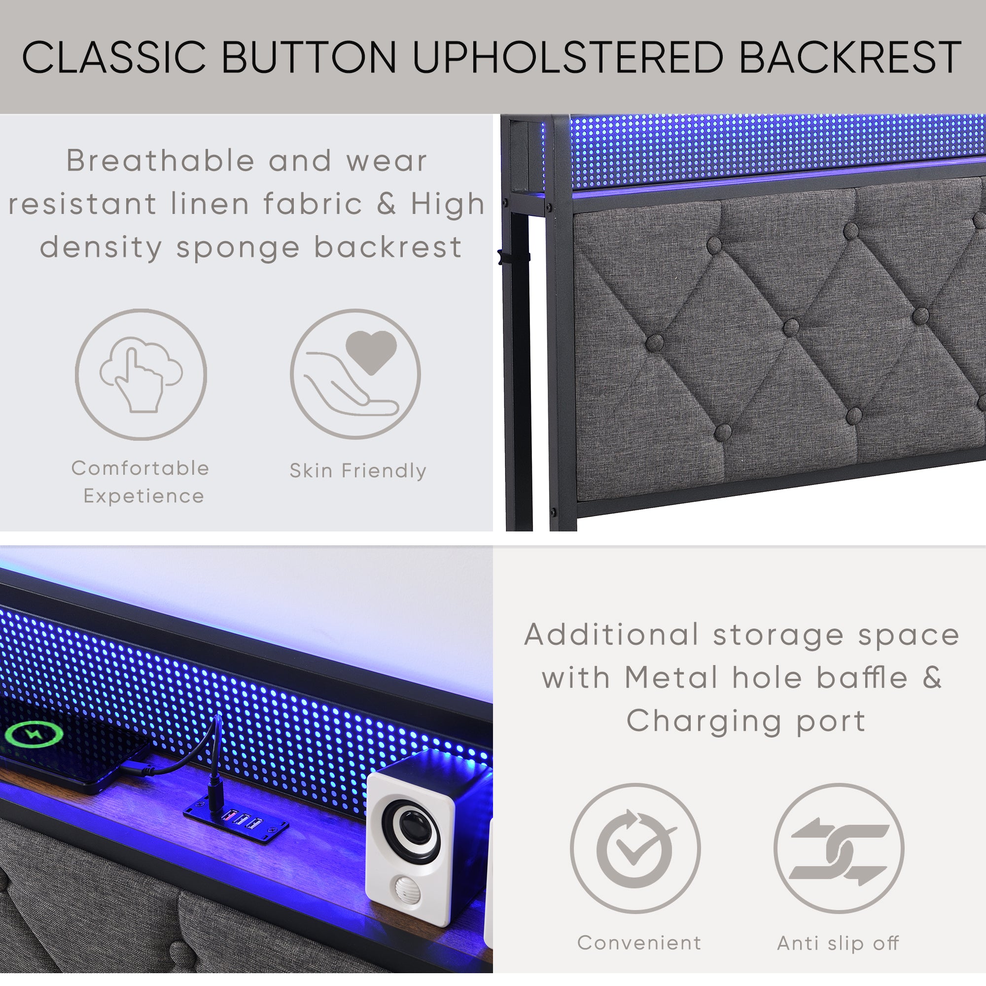 Furnibear Full Bed Frame with RGB LED Lights, Charging Station And Storage Headboard Reinforced PlatformEasy Assembly, Dark Gray