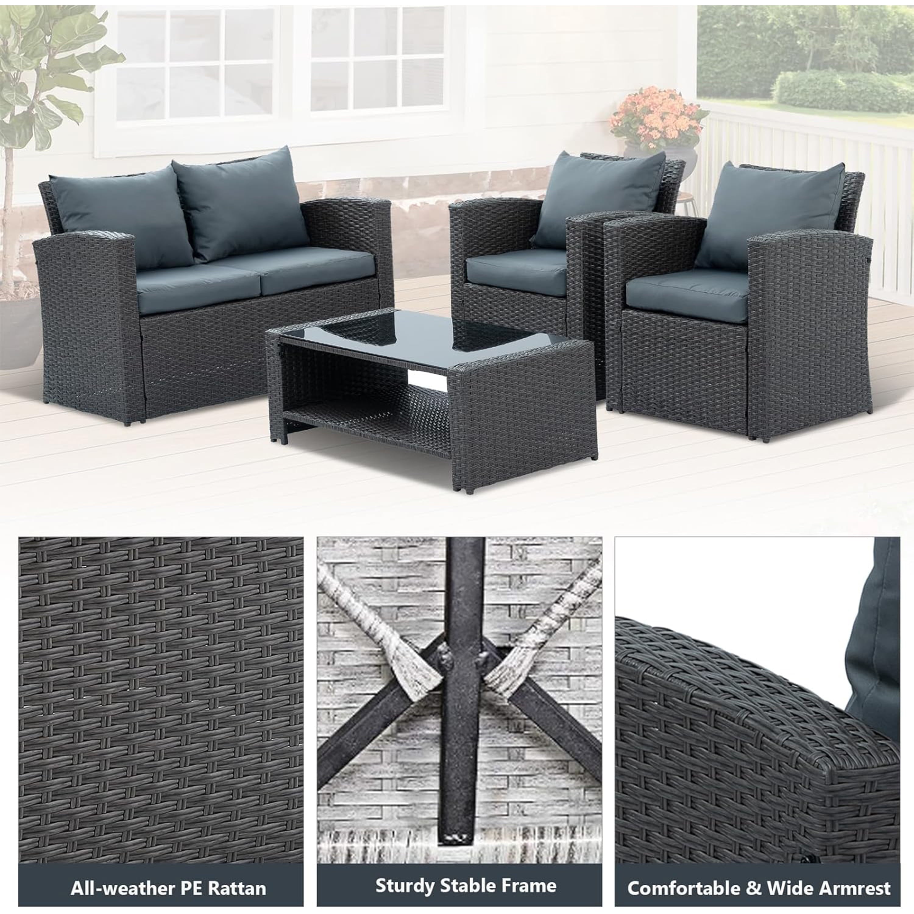 Furnibear 4 Pieces Patio Conversation Set, Outdoor Rattan Sectional Sofa, Cushioned Patio Furniture Set, Wicker Sofa Ideal for Garden, Porch, Backyard