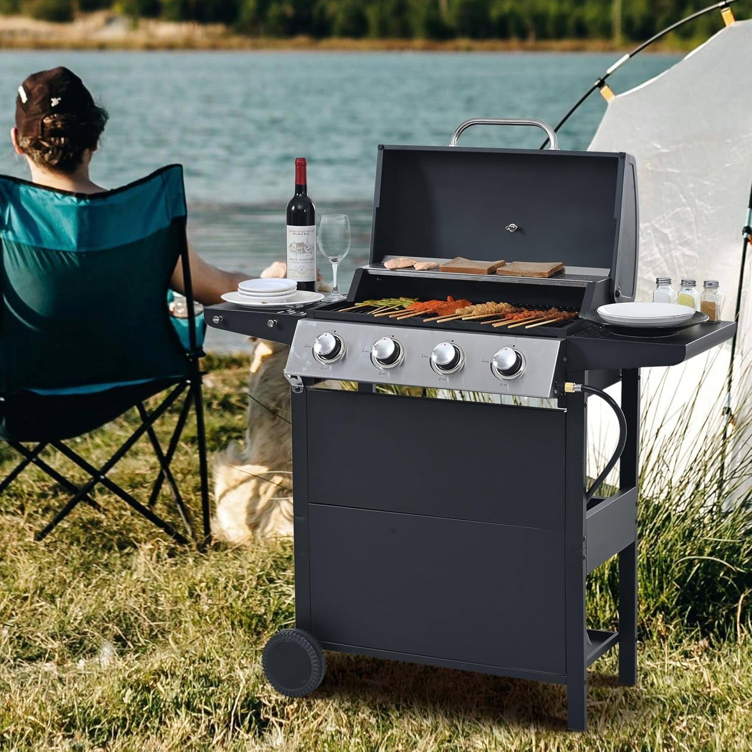 Furibear 4 Burners BBQ Propane Gas Grill, Freestanding Grill Cart with Wheels, Stainless Steel Heavy-Duty Cabinet Style, Outdoor BBQ Grill for Garden Backyard Cooking Barbecue