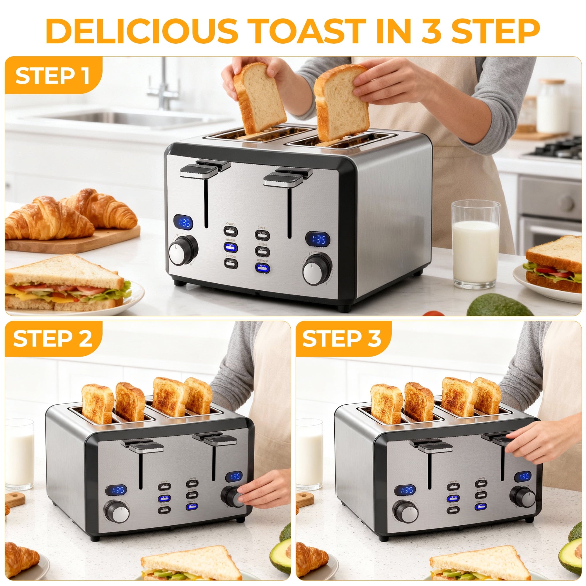 Furnibear 4 Slice Toaster Dual Control Panel Bread Toasters with Extra