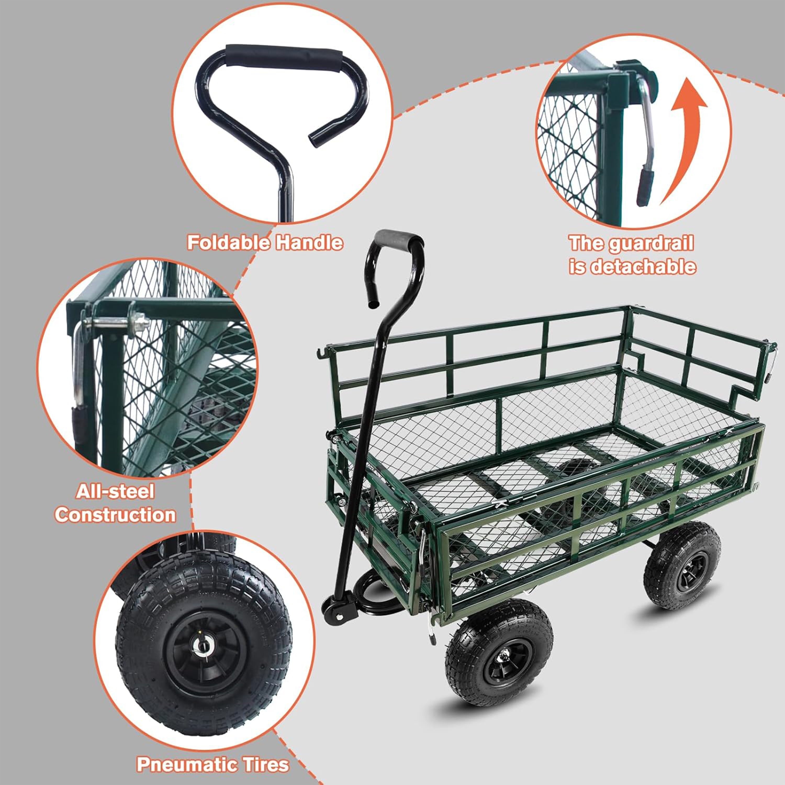 Furnibear Heavy Duty Steel Garden Cart 1500lbs Capacity, 6.35 cu ft, 40.55in x 27.56in Folding Utility Wagon with Double-Layer Removable Side, Green