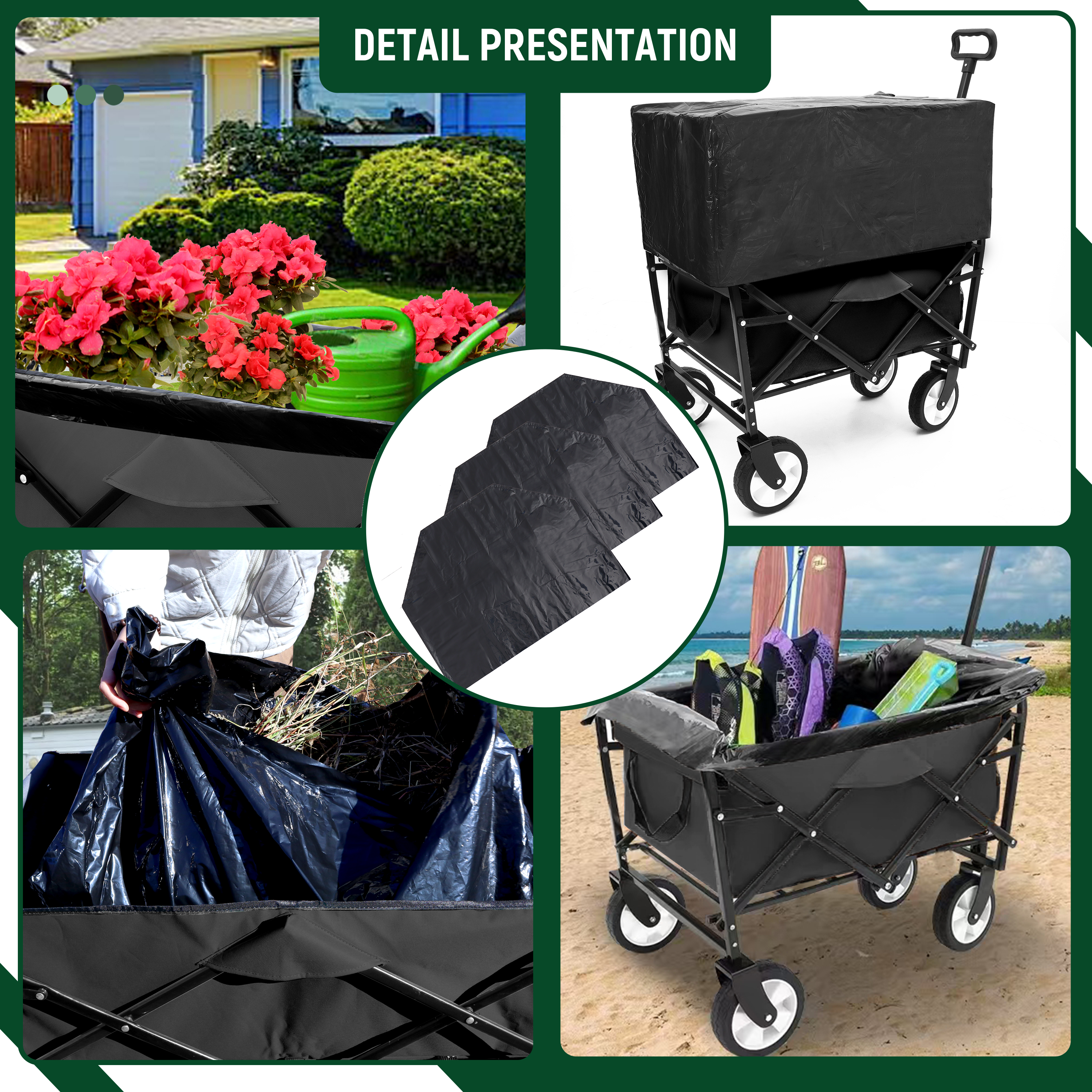 Furnibear Heavy-Duty Folding Wagon Cart with All-Terrain Wheels Includes 3 Liner Bags for Camping, Beach, Grocery, Black