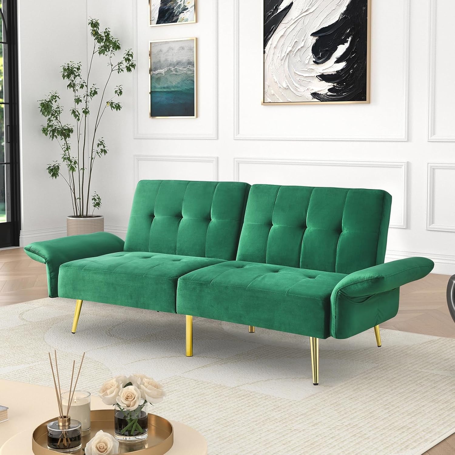Furnibear 78in Futon Sofa Bed, Velvet Fabric Comfy Futon Couch Bed, Convertible Sleeper Sofa with Adjustable Backrestand Armrests, Modern Loveseat Sleeper for Living Room, Bedroom