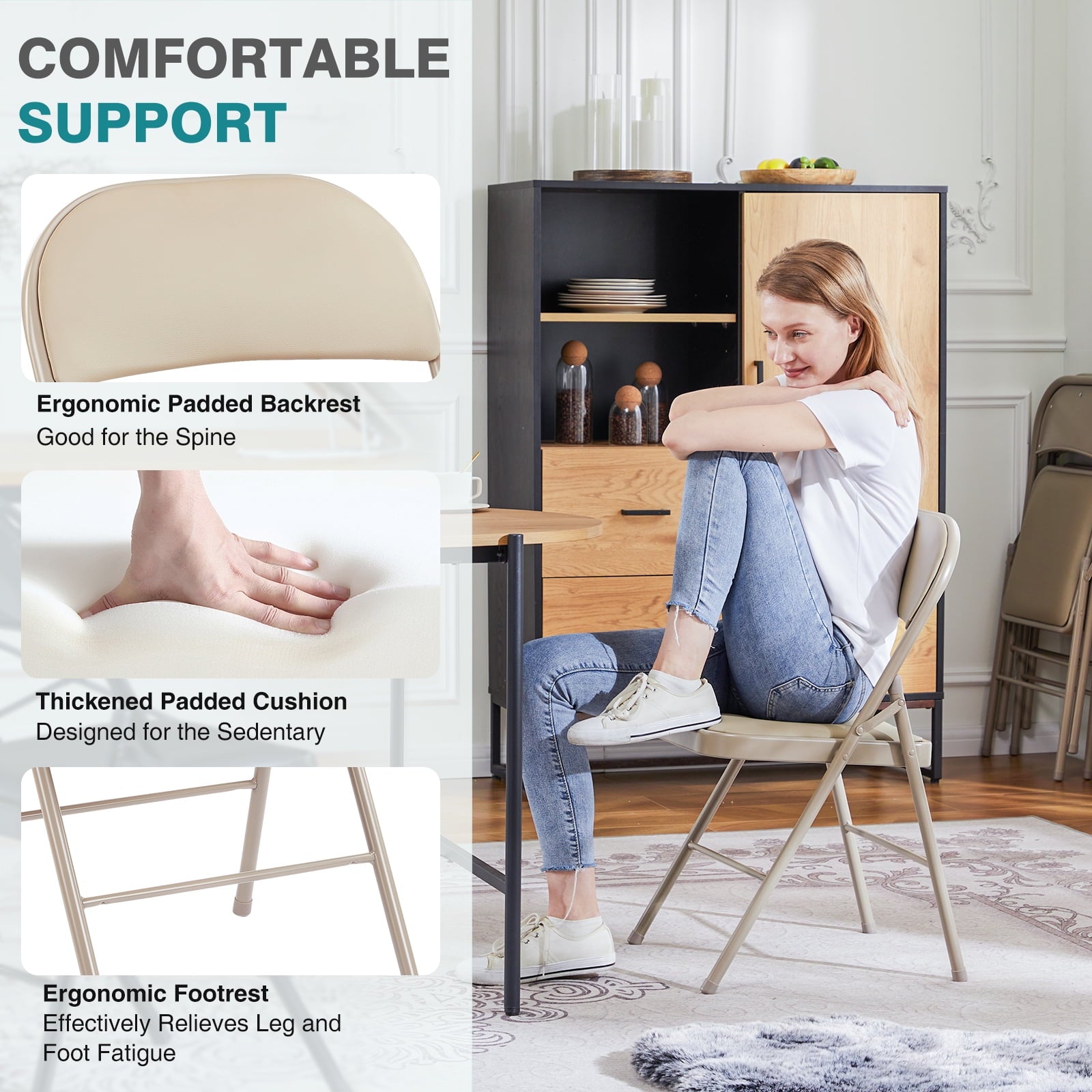 Furnibear 4 Pack Folding Chairs, Leather Padded Cushion Chairs with Comfortable Cushion and Stainless Steel Frame for Home and Office, for Indoor and Outdoor Events