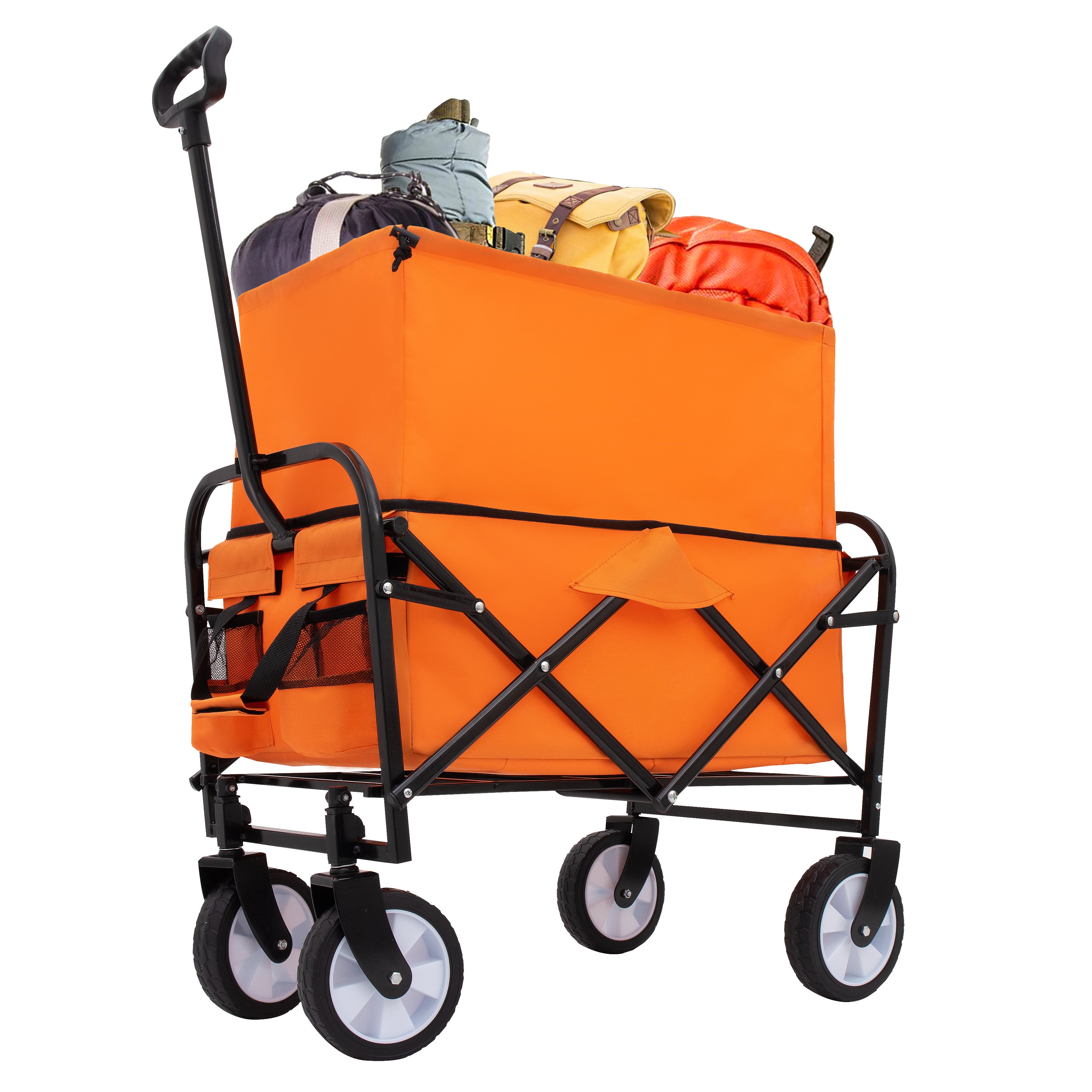 Furnibear Heavy-Duty Folding Wagon Cart with All-Terrain Wheels,Includes 3 Liner Bagsfor Camping, Beach, Grocery,Orange