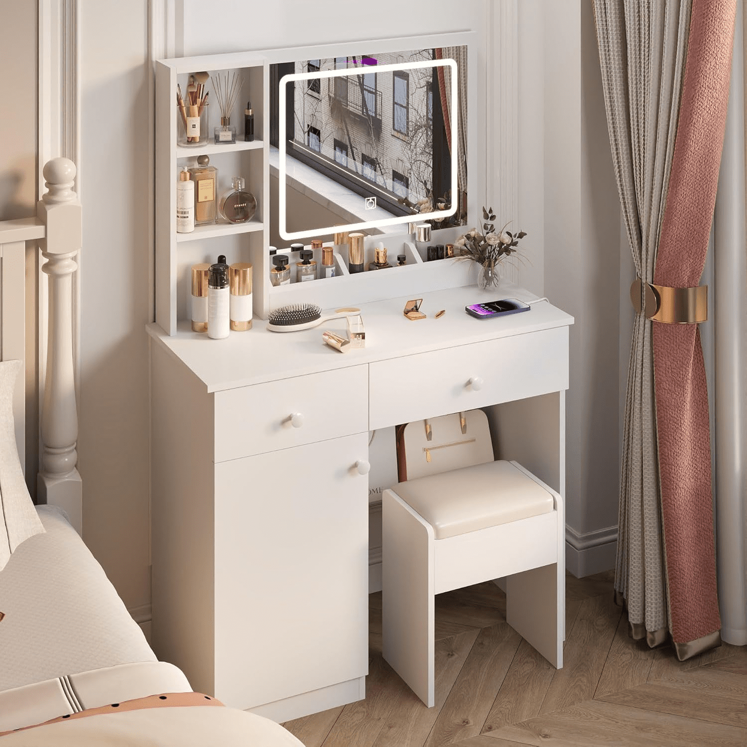 Furnibear Vanity Desk Set with Mirror and Light, Makeup Table with 2 Drawers and Cabinet, Power Outlet and 3 Color Modes Brightness Adjustable