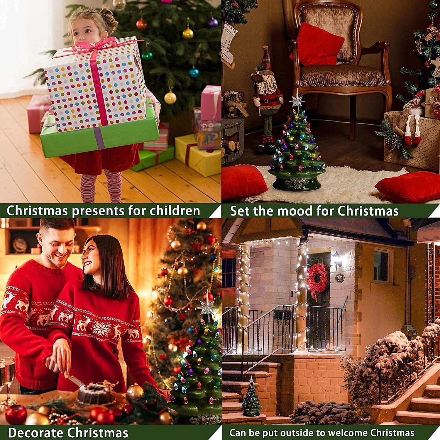 Furnibear 15 Inch Ceramic Christmas Tree, Green Tabletop Decor with LED Lights, Plug-in