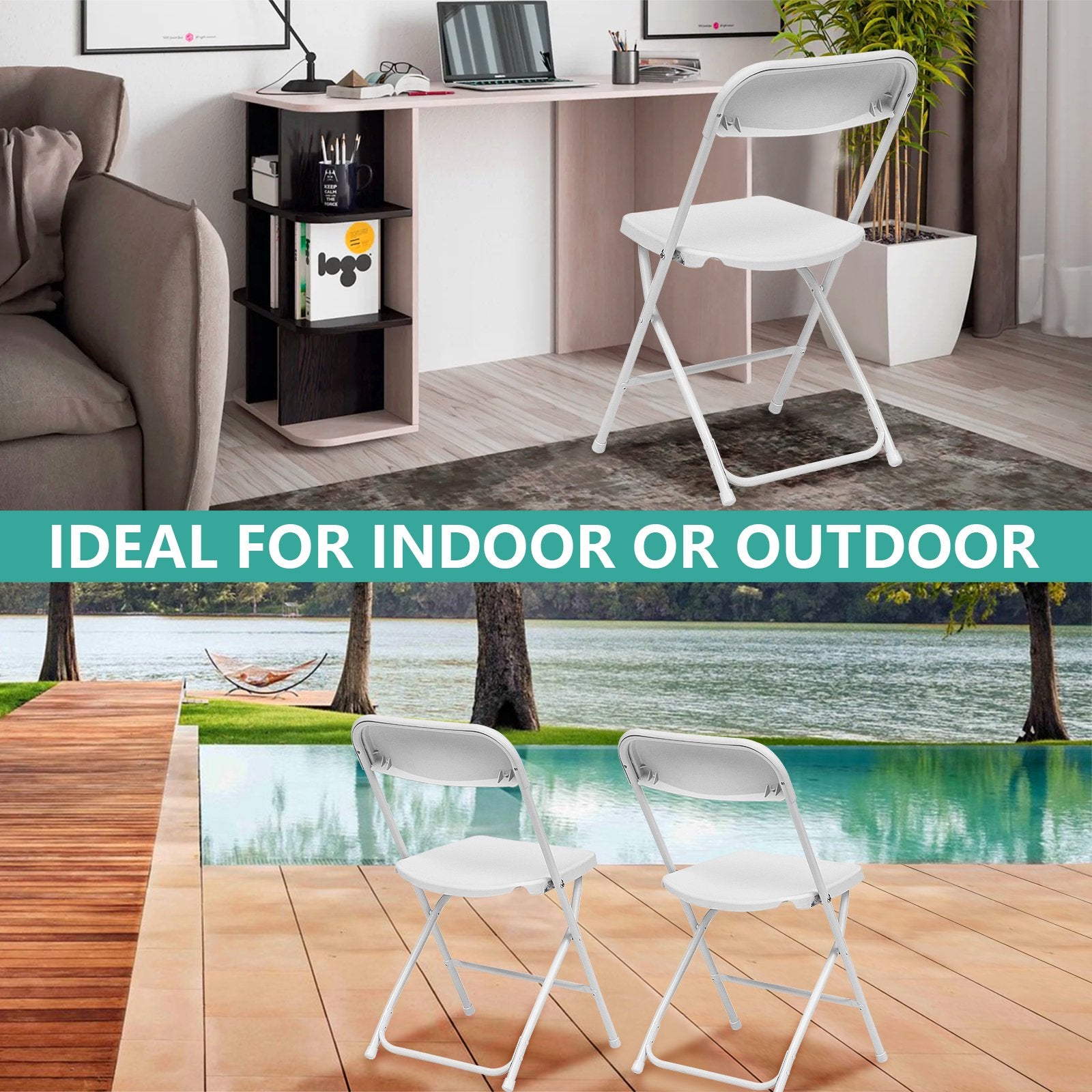 Furnibear 10 Pack Plastic Folding Chairs Indoor/Outdoor Foldable Chair Set, 350 lbs Capacity, White