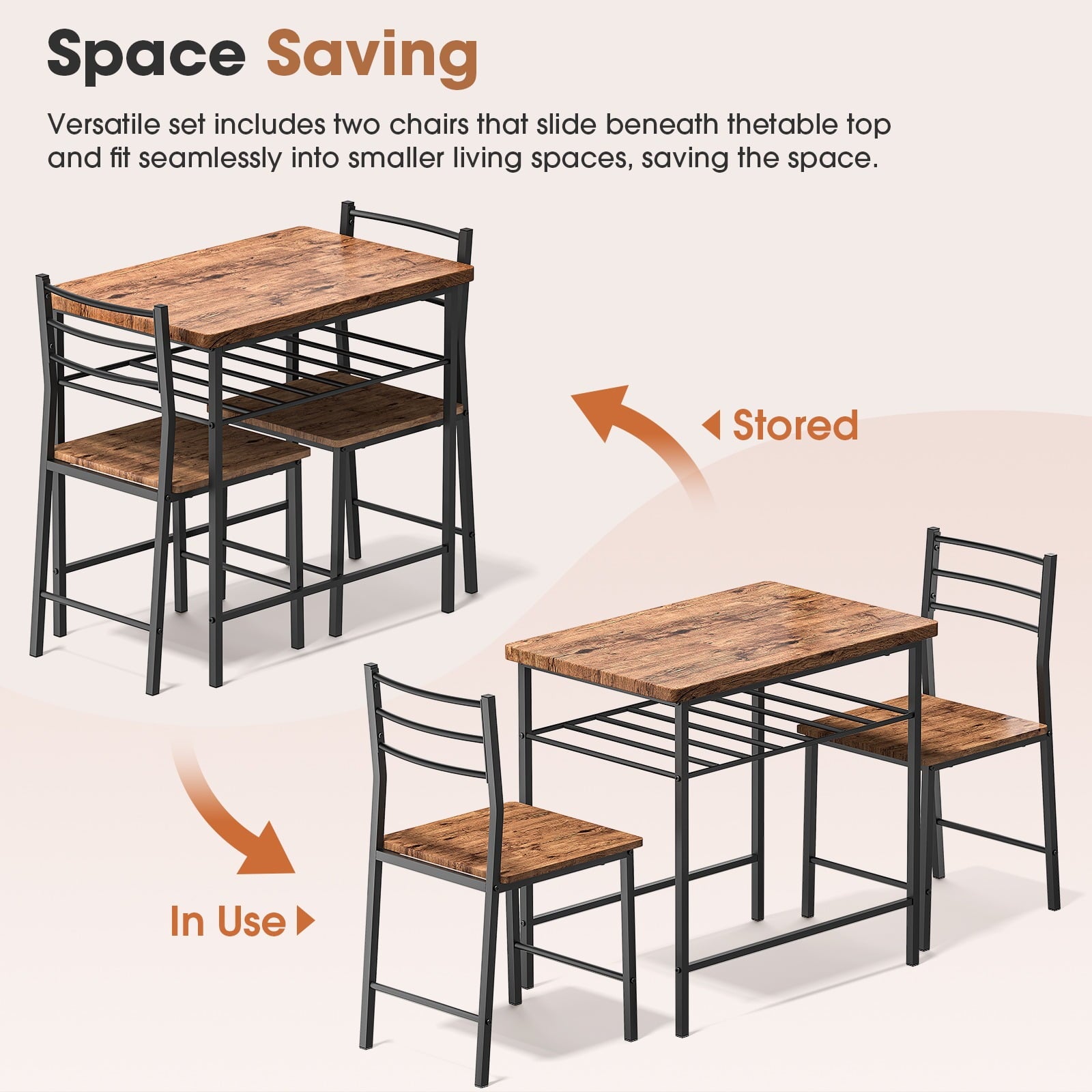 Furnibear 3-Piece Dining Table Set with 2 Chairs, Space Saving Kitchen Breakfast Nook Wood Grain Tabletop for Kitchen, Dining Room,Brown