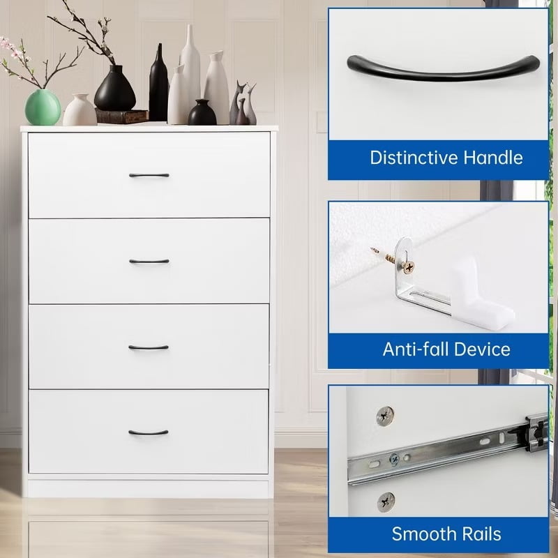 Furnibear Modern 4-Drawer Dresser for Bedroom, Compact Vertical Chest with Easy-Glide Handles, Space-Saving Wood Storage Cabinet in Light Gray ¨C Easy Assembly
