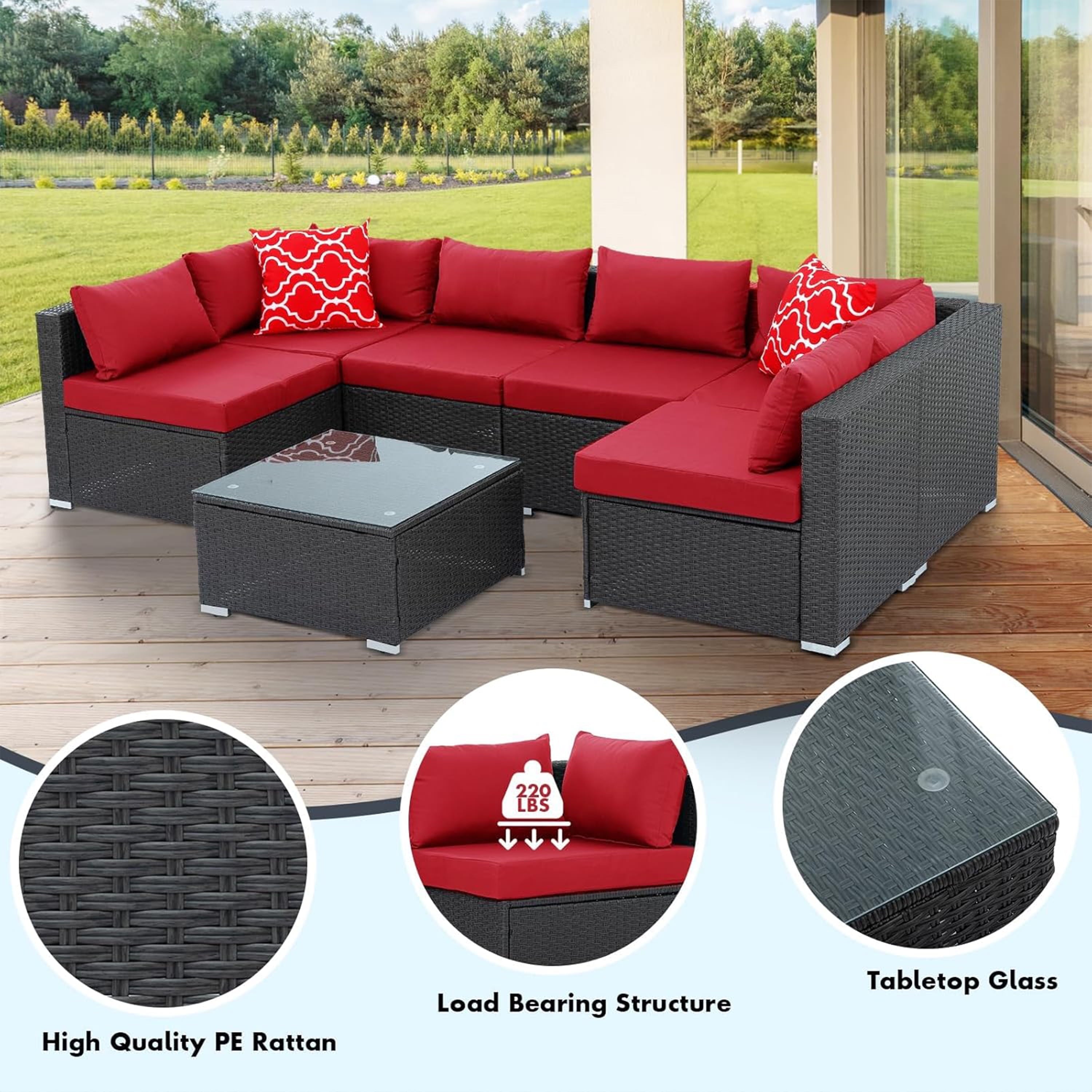 Furnibear 7 Pieces Outdoor Patio Sectional Sofa Couch, Black Wicker Patio Furniture Conversation Sets with Washable Cushions and Glass Coffee Table for Garden, Poolside, Backyard
