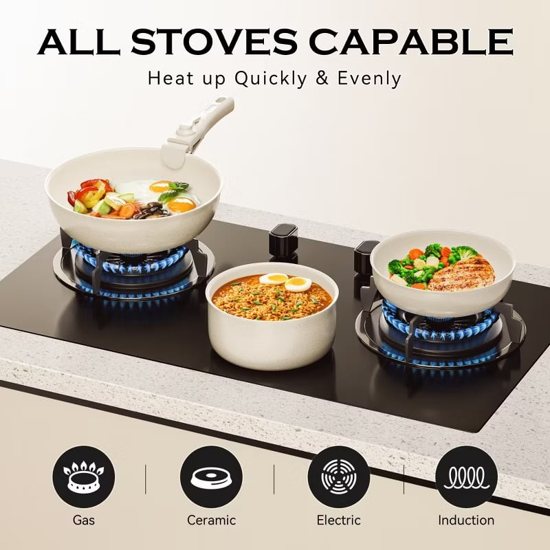 Furnibear 18-Piece Granite Ceramic Nonstick Cookware Set-Detachable Handle for Space-Saving, Compatible with Induction/Gas Stoves, Oven,Dishwasher Safe, White