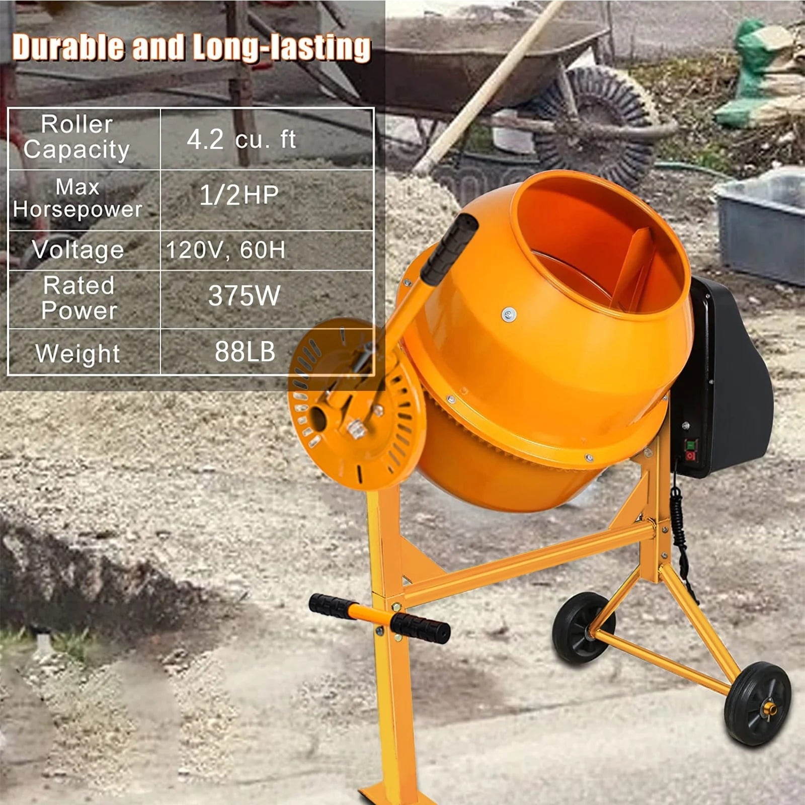 Furnibear 120L Large Capacity Portable Electric Concrete Mixer - 4.2 Cu ft, 1/2 Hp Powerful Motor