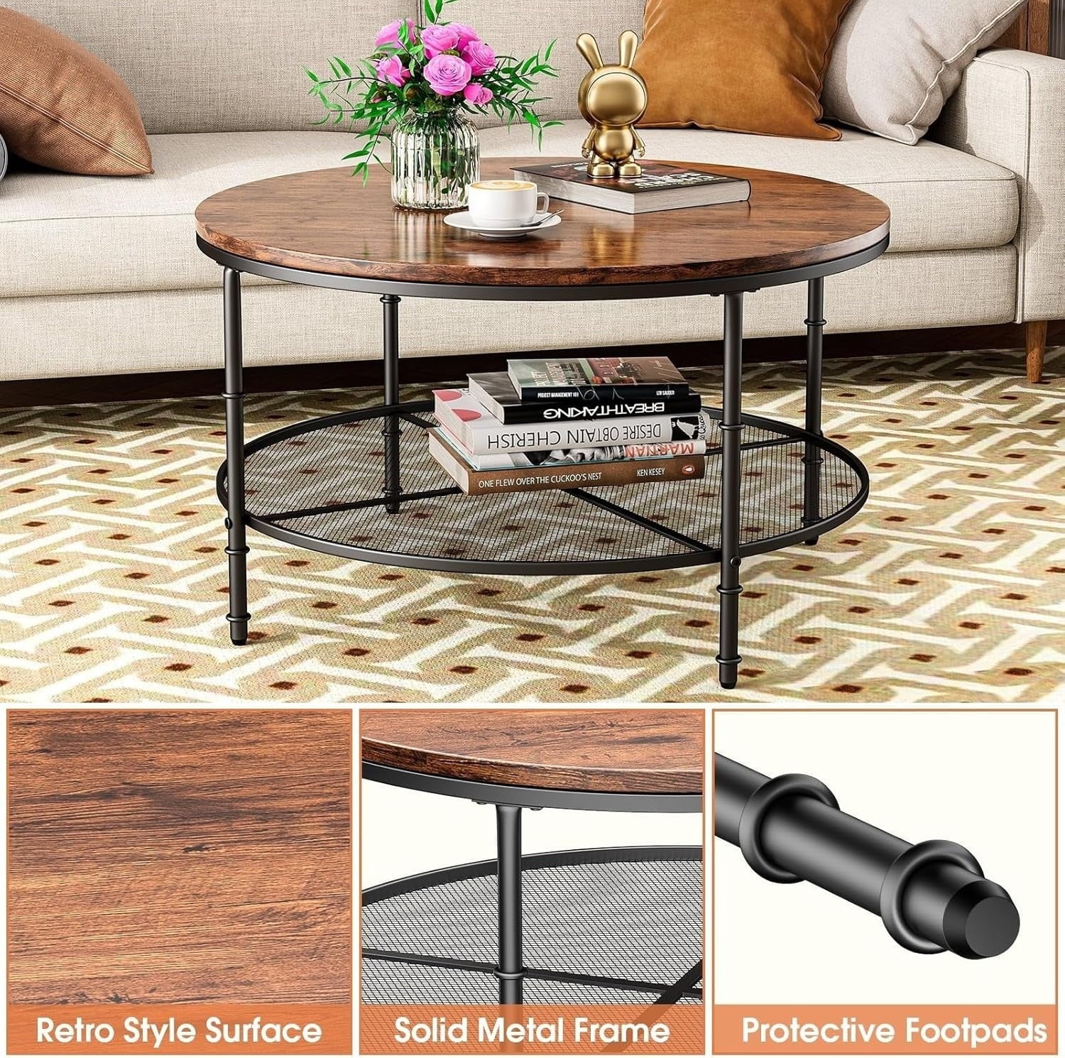 Furnibear Round Coffee Table with Metal Frame, Rustic Wood Finish Accent Table with Wooden Tabletop and Padded Feet for Living Room