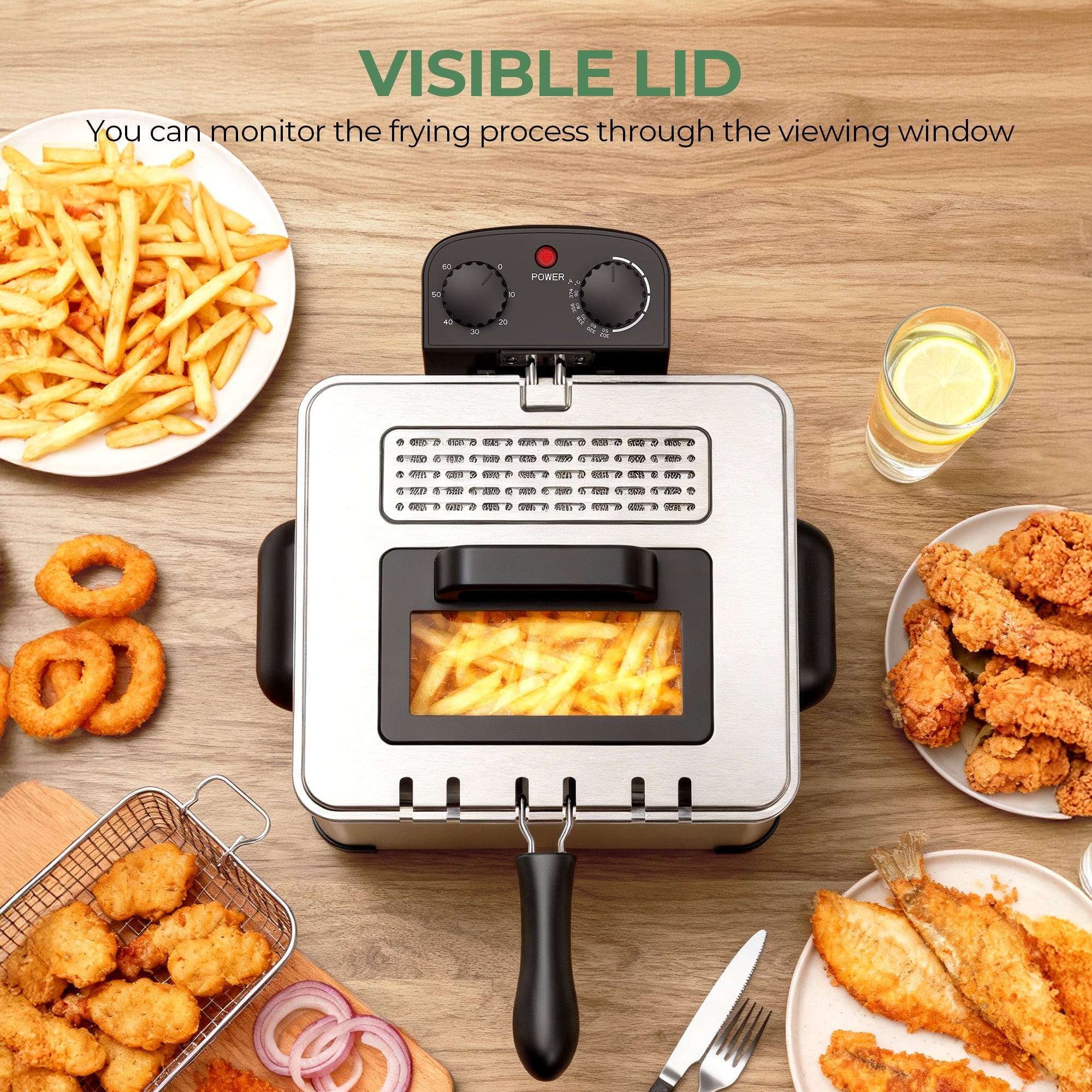 Furnibear Electric Deep Fryer with 3 Frying Baskets, 5L 1700W Large Fryer Adjustable Temperature,View Window Lid for Kitchen, Fry Fish for Home Use,Silver