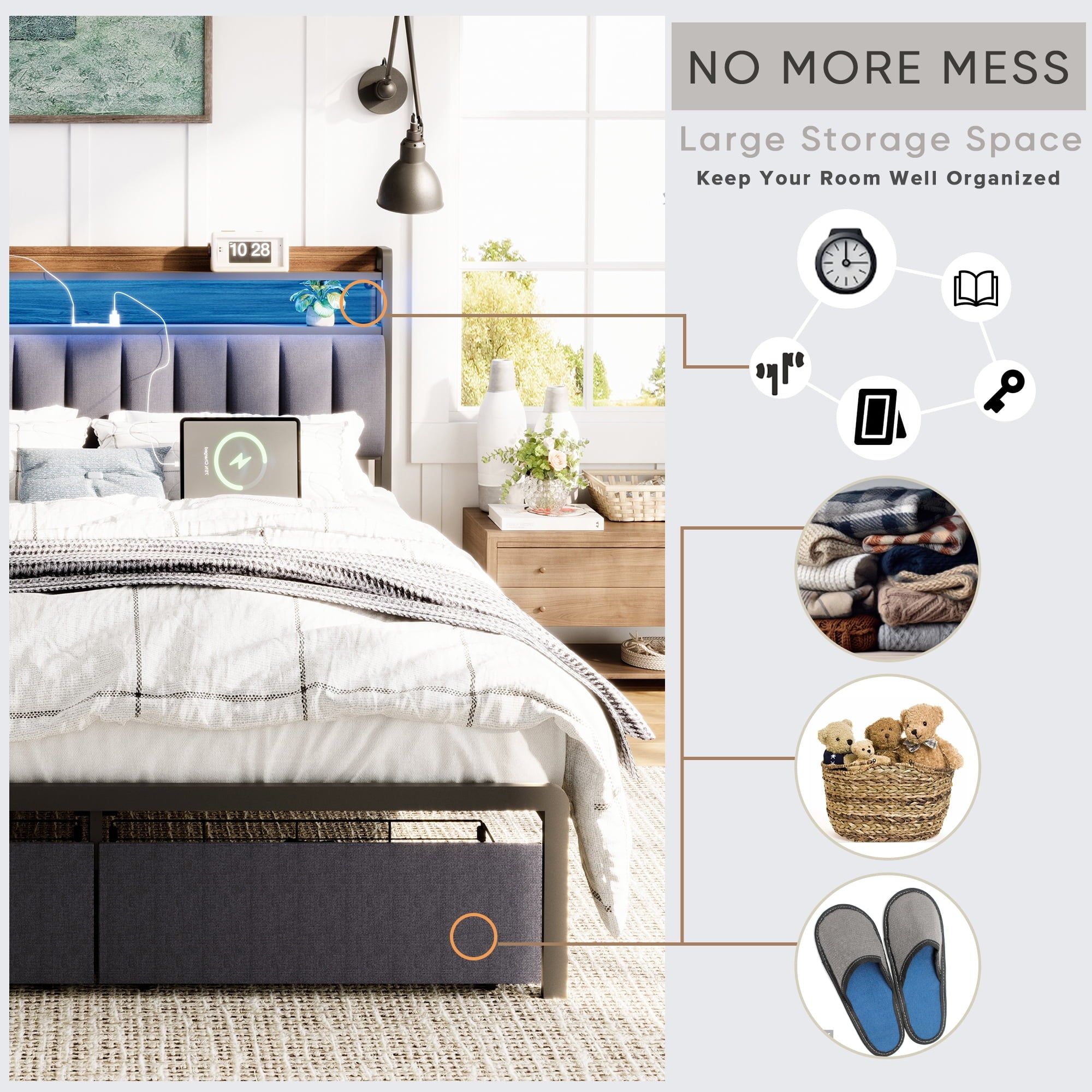 Furnibear Full Bed Frame with Upholstered Storage Headboard and Drawers, LED Platform Bed with Charging Station, No Box Spring Needed